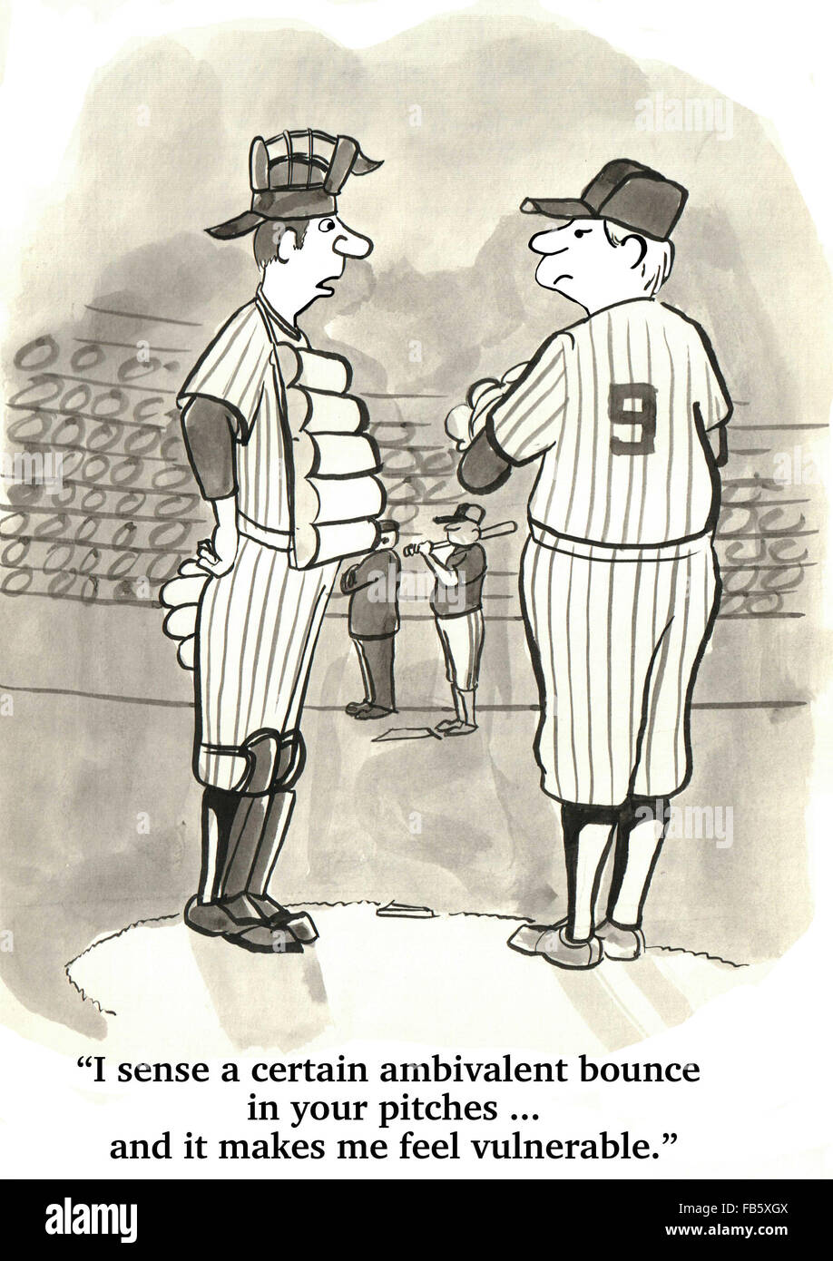 Caricature de baseball. Le Catcher croyait avoir besoin de donner un discours d'encouragement pour le lanceur. Banque D'Images