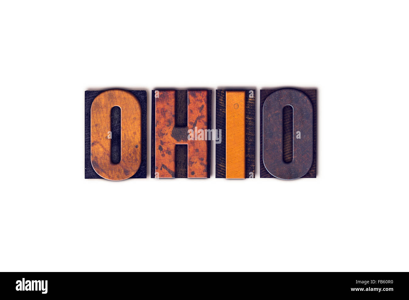 Le mot "Ohio" écrit en police de caractère, en bois vintage isolé sur fond blanc. Banque D'Images