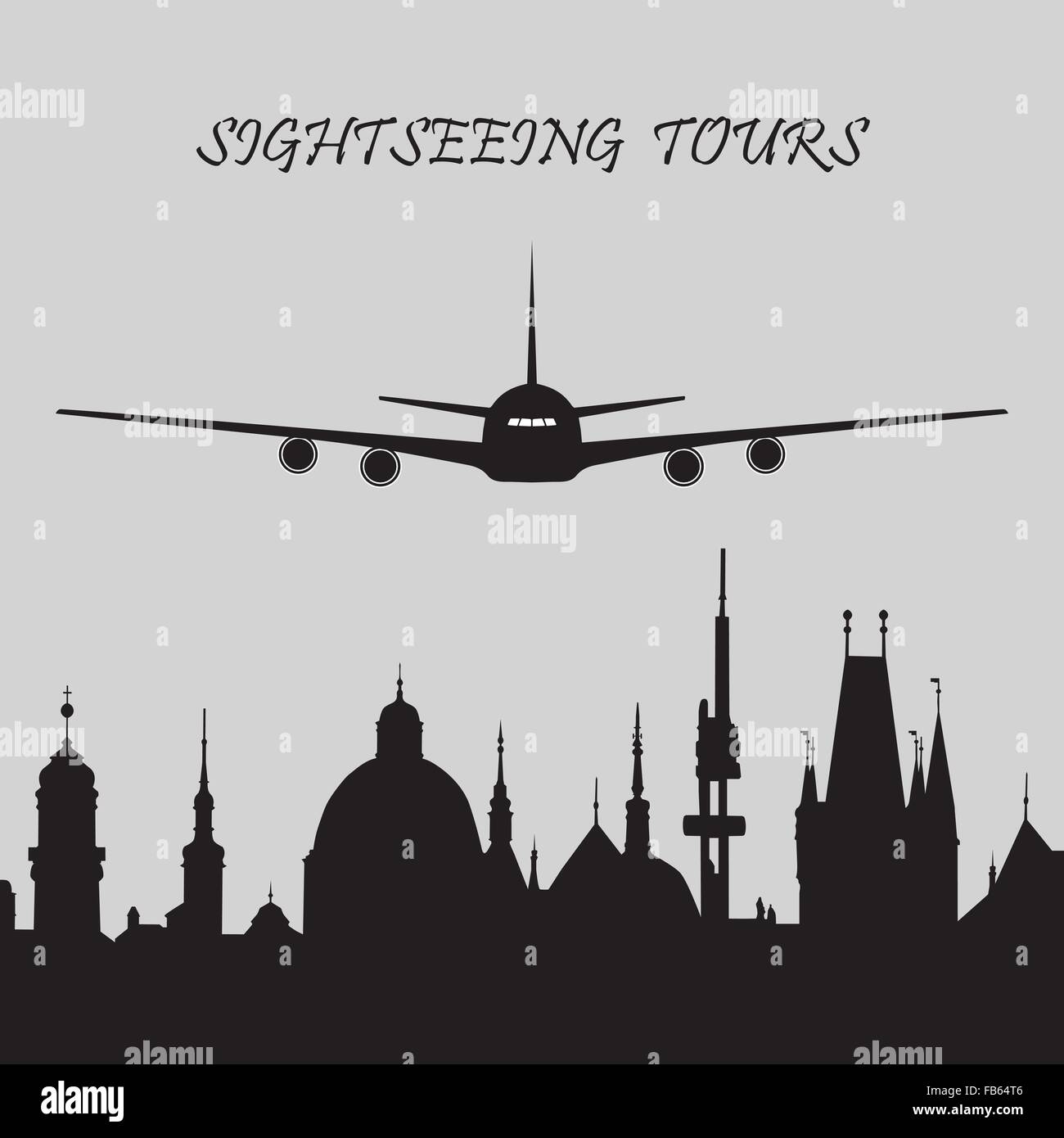 L'icône en noir et blanc des visites guidées avec un avion et la ville historique de la ville. Illustration de Vecteur