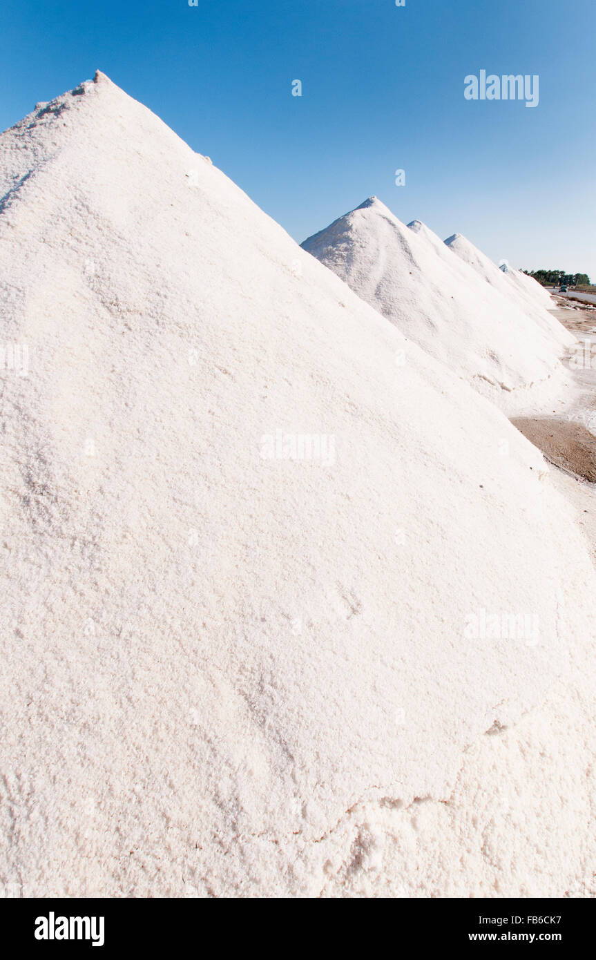 Des monticules de sel cristallin récoltés dans la mer à l'Etrore e Infersa, salines de Trapani, Sicile, Italie Banque D'Images