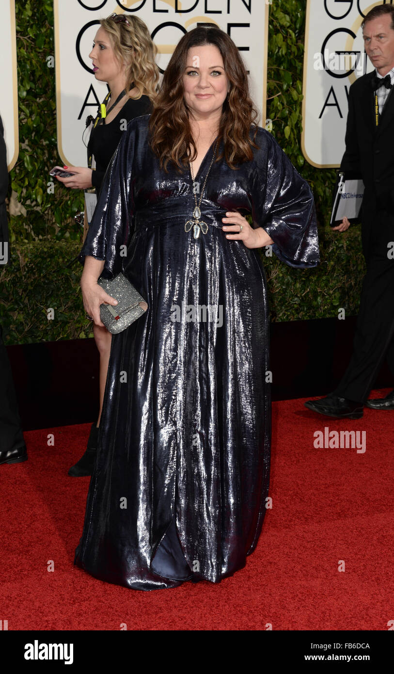 Los Angeles, Californie, USA. 10 janvier, 2016. Melissa McCarthy arrive au Golden Globes, Los Angeles, CA : Crédit Sydney Alford/Alamy Live News Banque D'Images