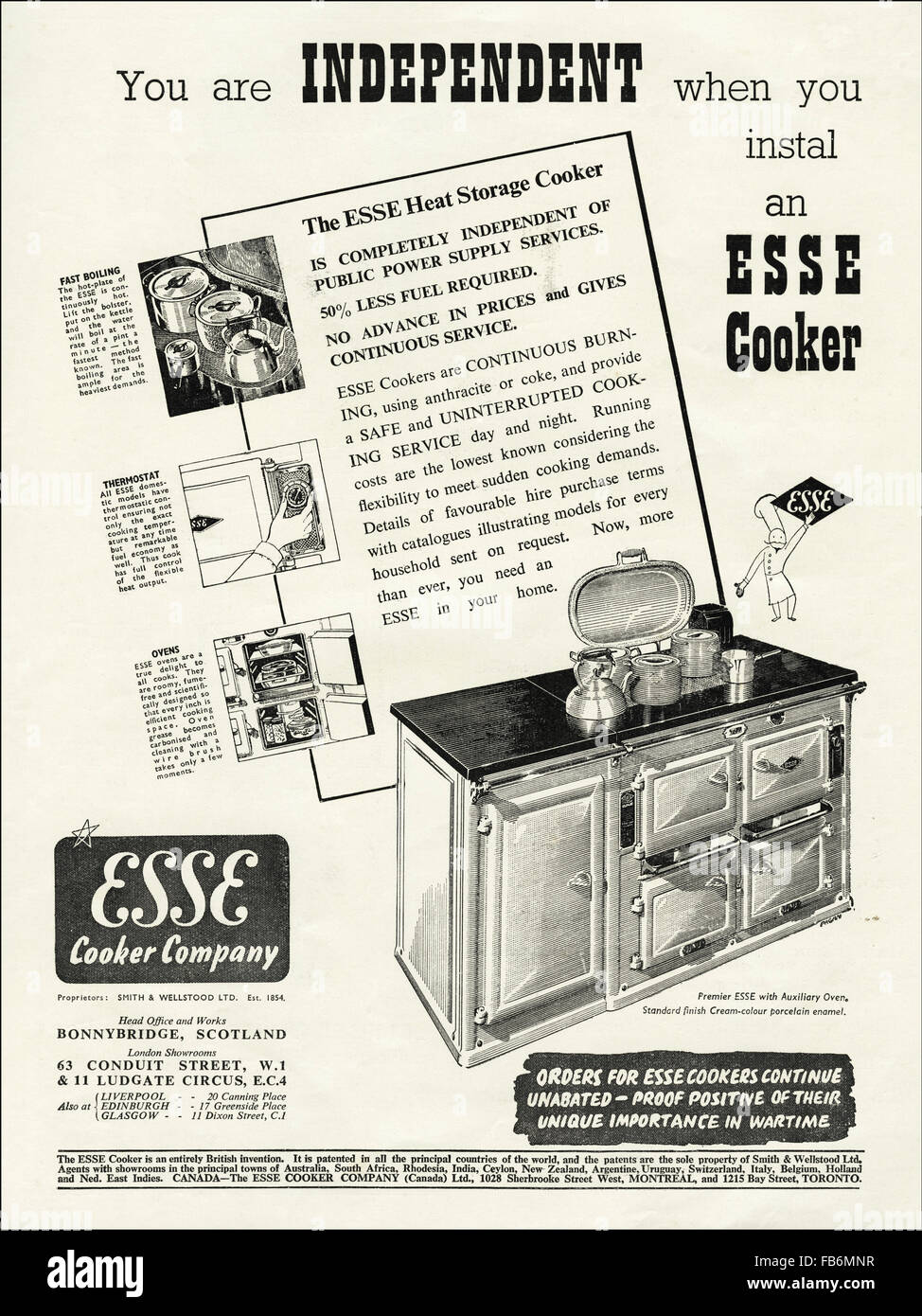 Vintage Original advert à partir de 1930. Publicité d'octobre 1939, au début de la Seconde Guerre mondiale, la publicité Esse Cooker. Banque D'Images