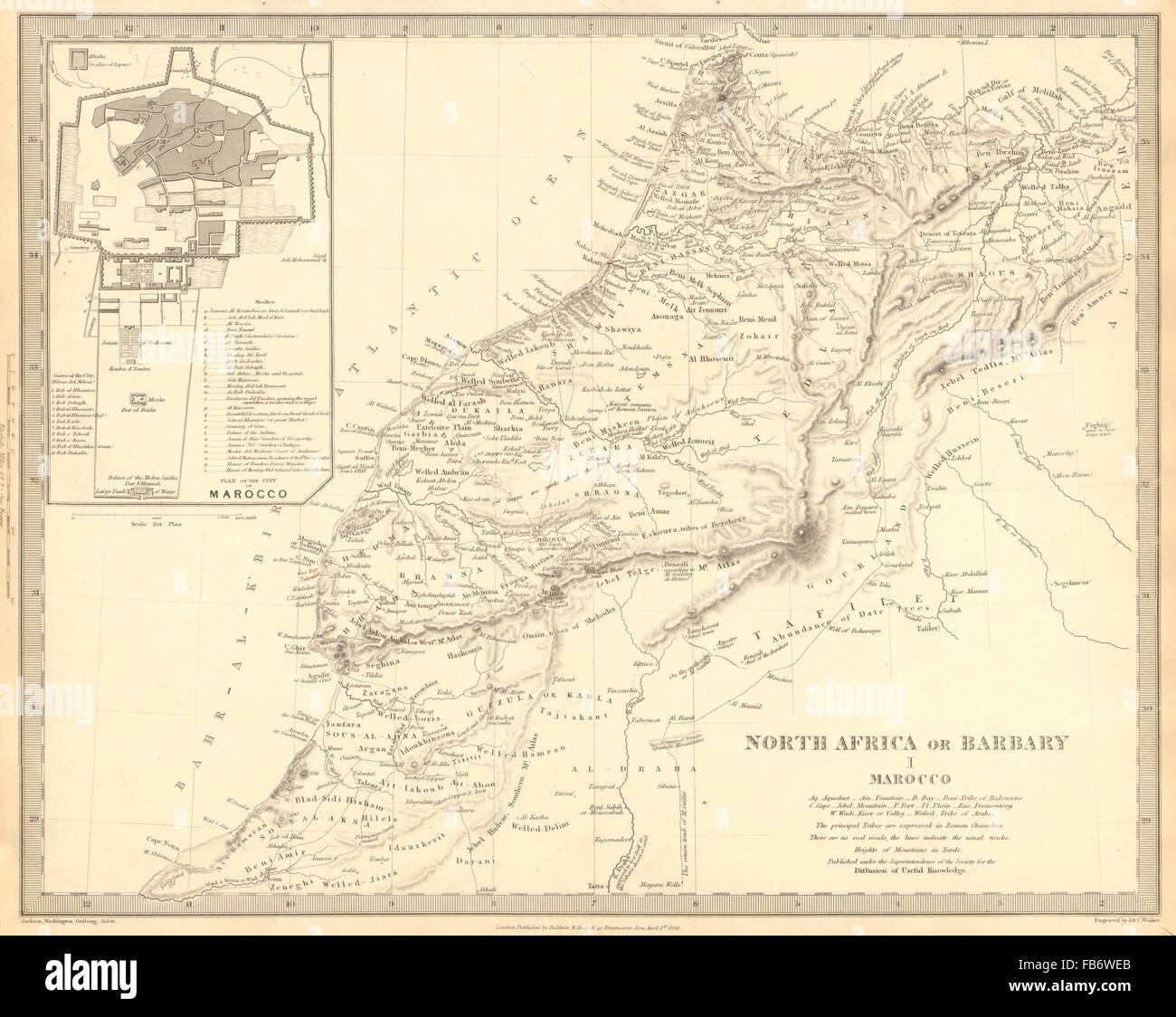 Maroc : l'Afrique du Nord ou barbarie. Maroc ; médaillon Marrakech plan. SDUK, 1848 map Banque D'Images