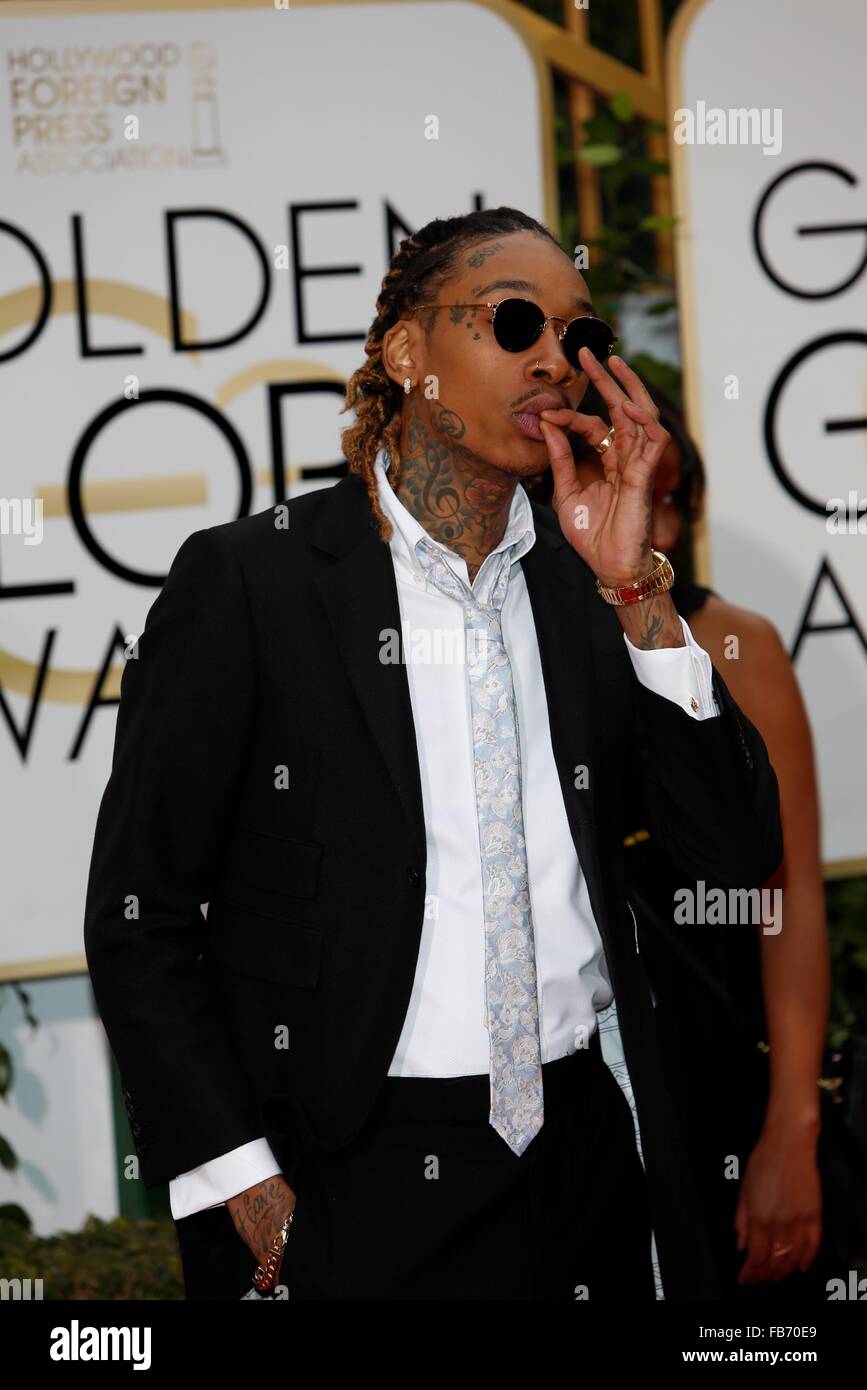Los Angeles, Californie, USA. 10 janvier, 2016. Le rappeur Wiz Khalifa  arrive pour la 73e assemblée annuelle Golden Globe Awards au Beverly Hilton  Hotel à Beverly Hills, Californie, USA, 10 janvier 2016.
