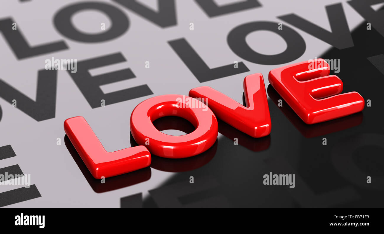 Mot amour sur fond noir brillant, de rendu 3D Carte de la Saint Valentin, de l'image horizontale. Banque D'Images