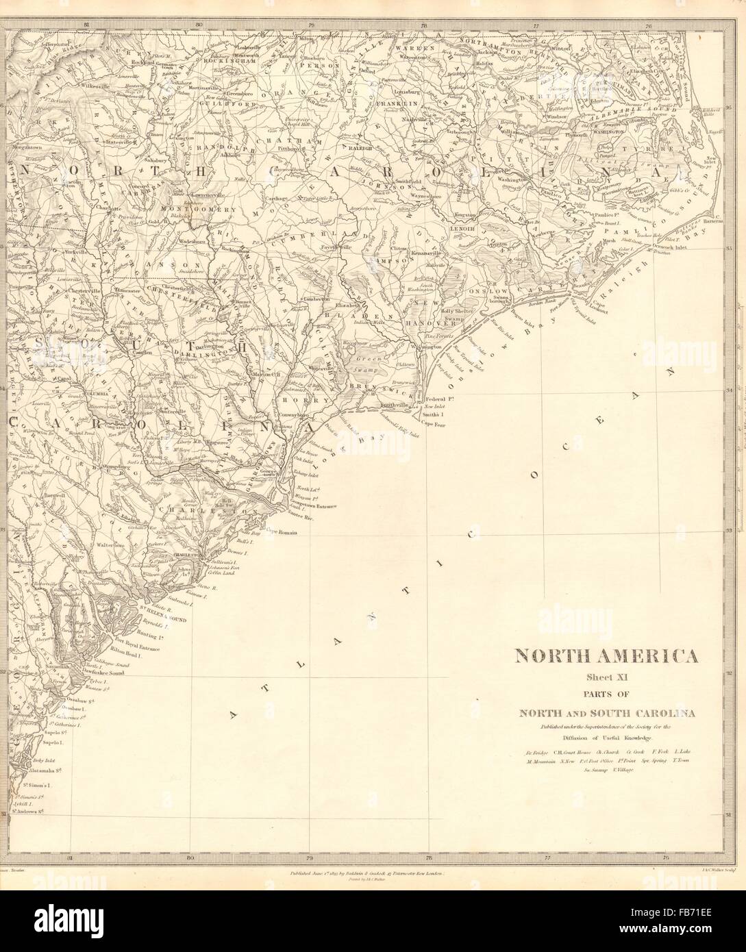USA : Coastal Caroline Nord et Sud. Charleston.du cap Hatteras. SDUK, 1848 map Banque D'Images