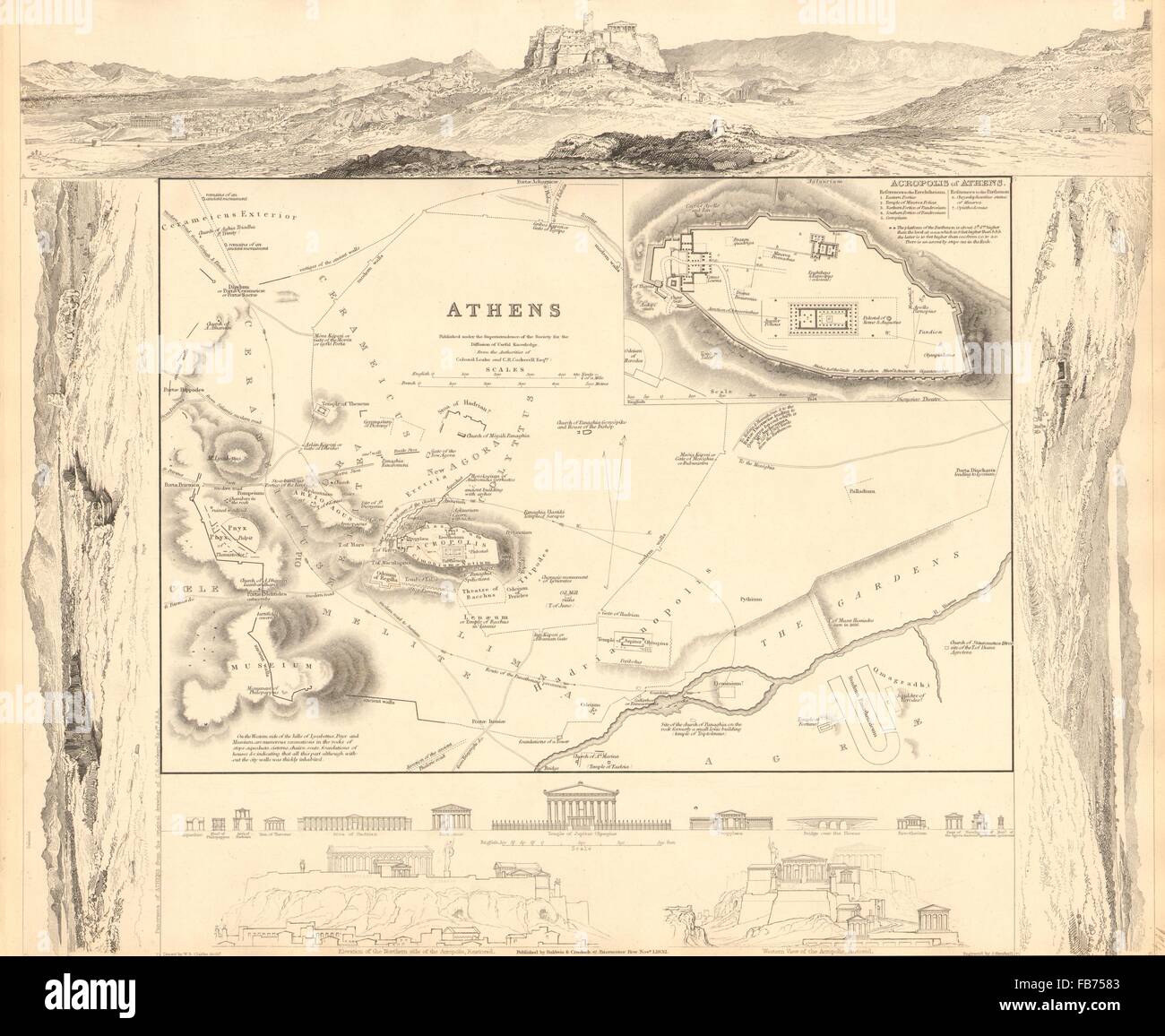 Athènes : Αθήνα. Plan Plan de la ville ville antique ; médaillon Acropole. SDUK, 1848 Banque D'Images