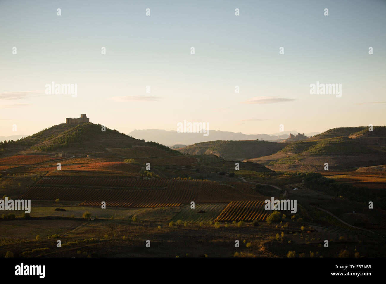 22/10/15 et de l'Èbre Davalillo château au milieu des vignes, près de San Asensio, La Rioja, Espagne Banque D'Images