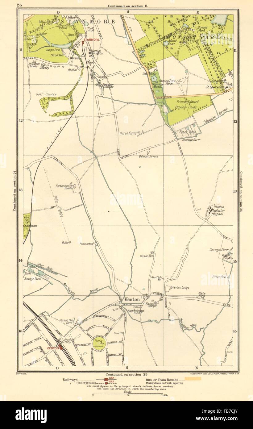 KENTON : Belmont, Stanmore, Canons Park, Edgware, 1923 carte vintage Banque D'Images