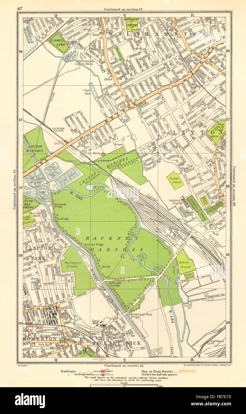 LEYTON : Hackney Marsh/Wick, Homerton, Walthamstow, Clapton Park, 1923 Ancien site Banque D'Images