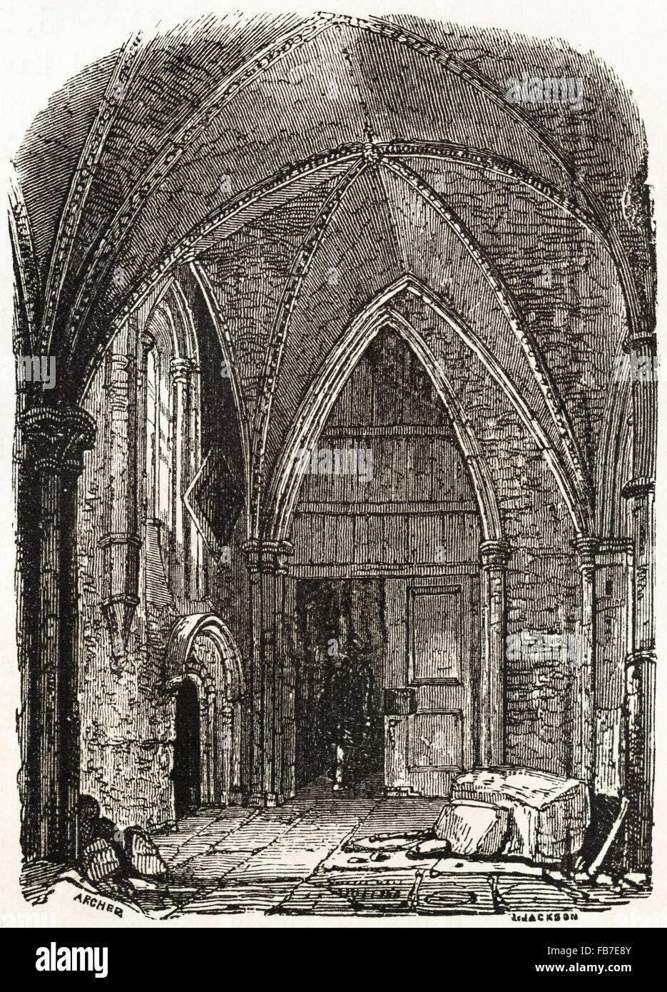 Arche normande à l'intérieur St Mary Overie aka Southwark Cathedral Londres. La gravure sur bois victorien circa 1845. Banque D'Images