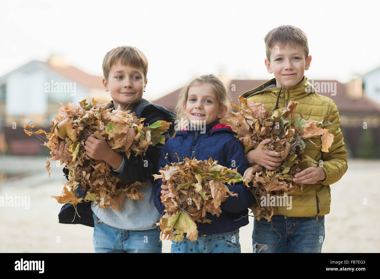 Portrait of happy boys and girl holding des feuilles sèches à l'extérieur Banque D'Images