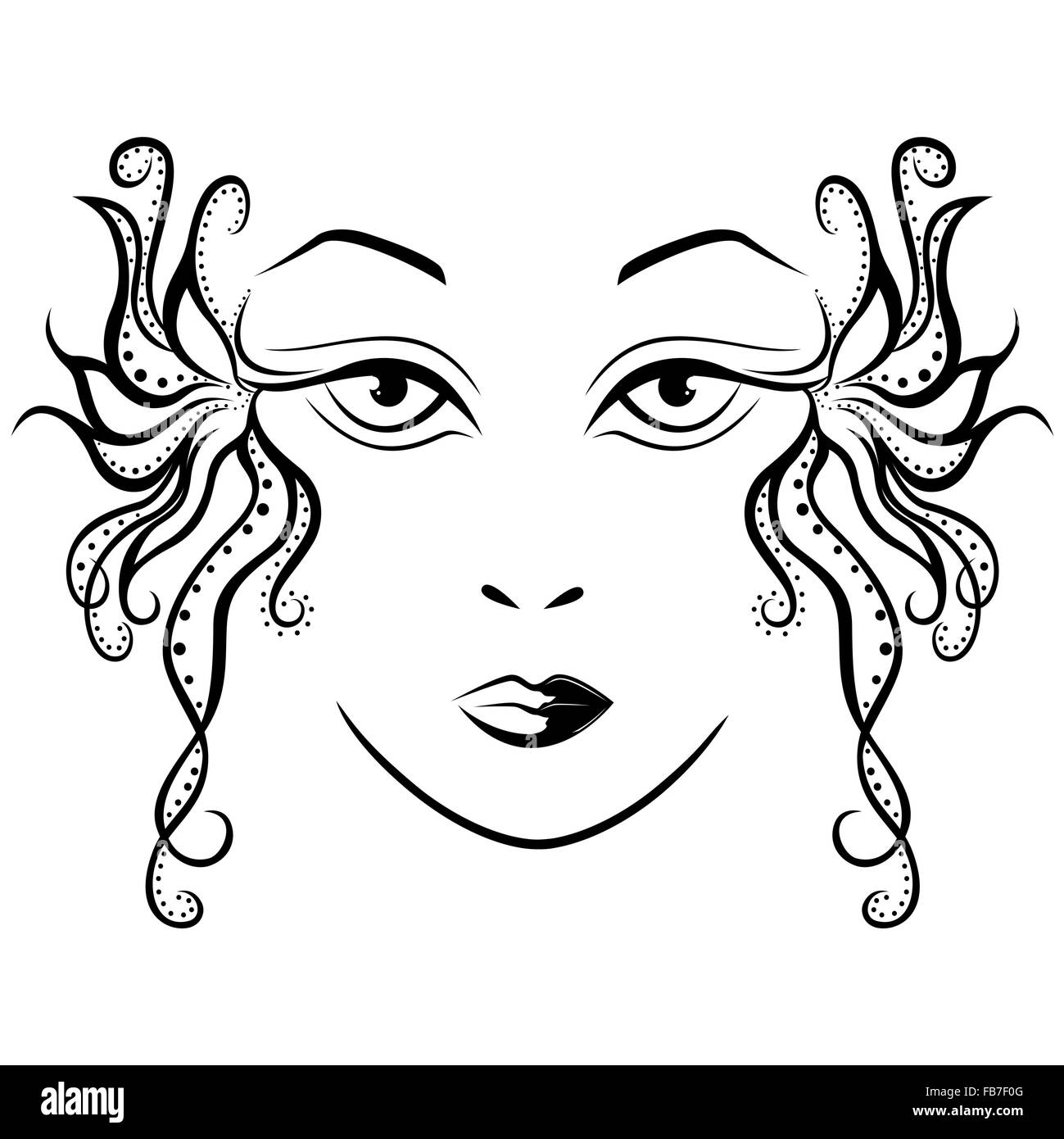 Abstraite noir et blanc visage de femme avec des serrures stylisé, dessin à la main vector illustration Illustration de Vecteur