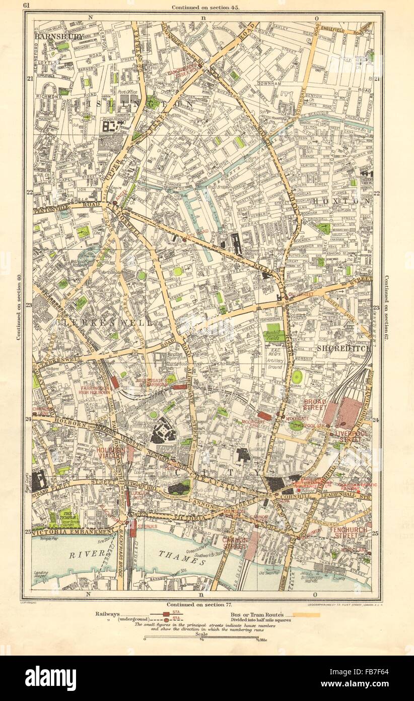 Londres : Barnsbury, Clerkenwell, Hoxton Islington, Old Street, Angel, 1923 map Banque D'Images