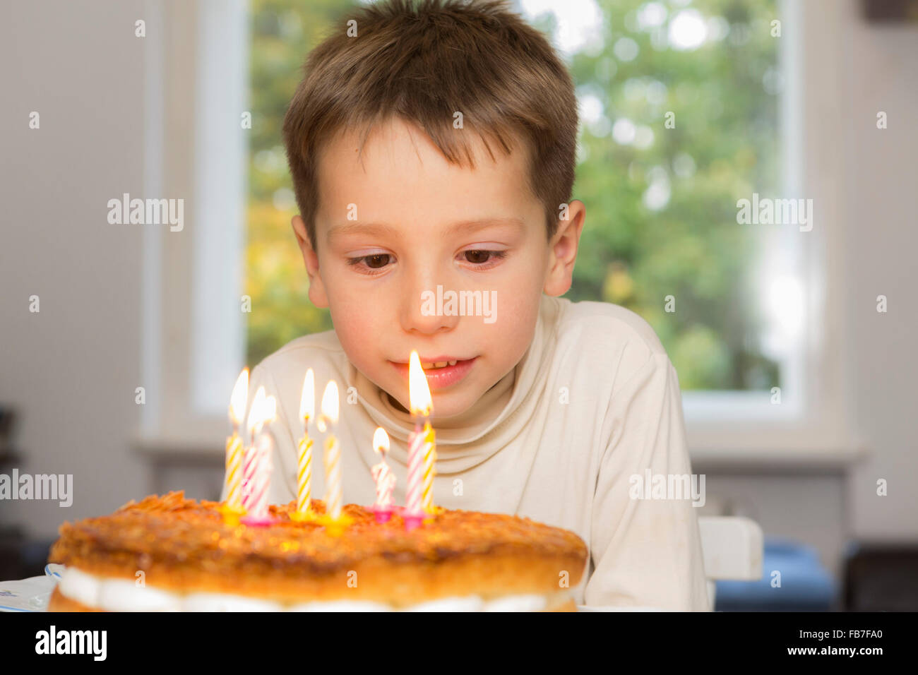 Anniversaire mignon garçon à la recherche de bougies sur le gâteau Banque D'Images