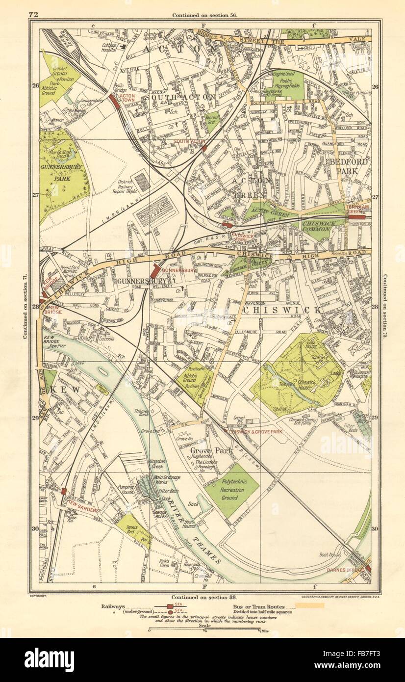 CHISWICK : Acton Green, Grove Park, Bedford Park, Kew, Gunnersbury, 1923 map Banque D'Images