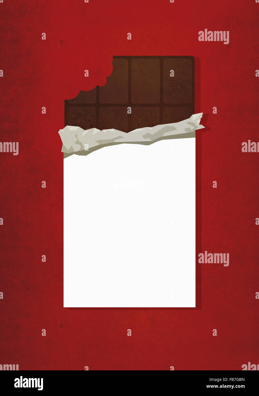 Image d'illustration de barre de chocolat avec morsure manquant à l'arrière-plan rouge Banque D'Images