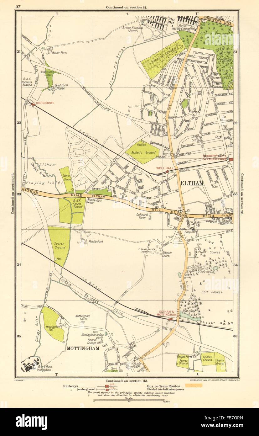 Yvoir : Mottingham, Kidbrooke, Shooter's Hill, Eltham Park, parc de l'avertisseur sonore, carte 1923 Banque D'Images