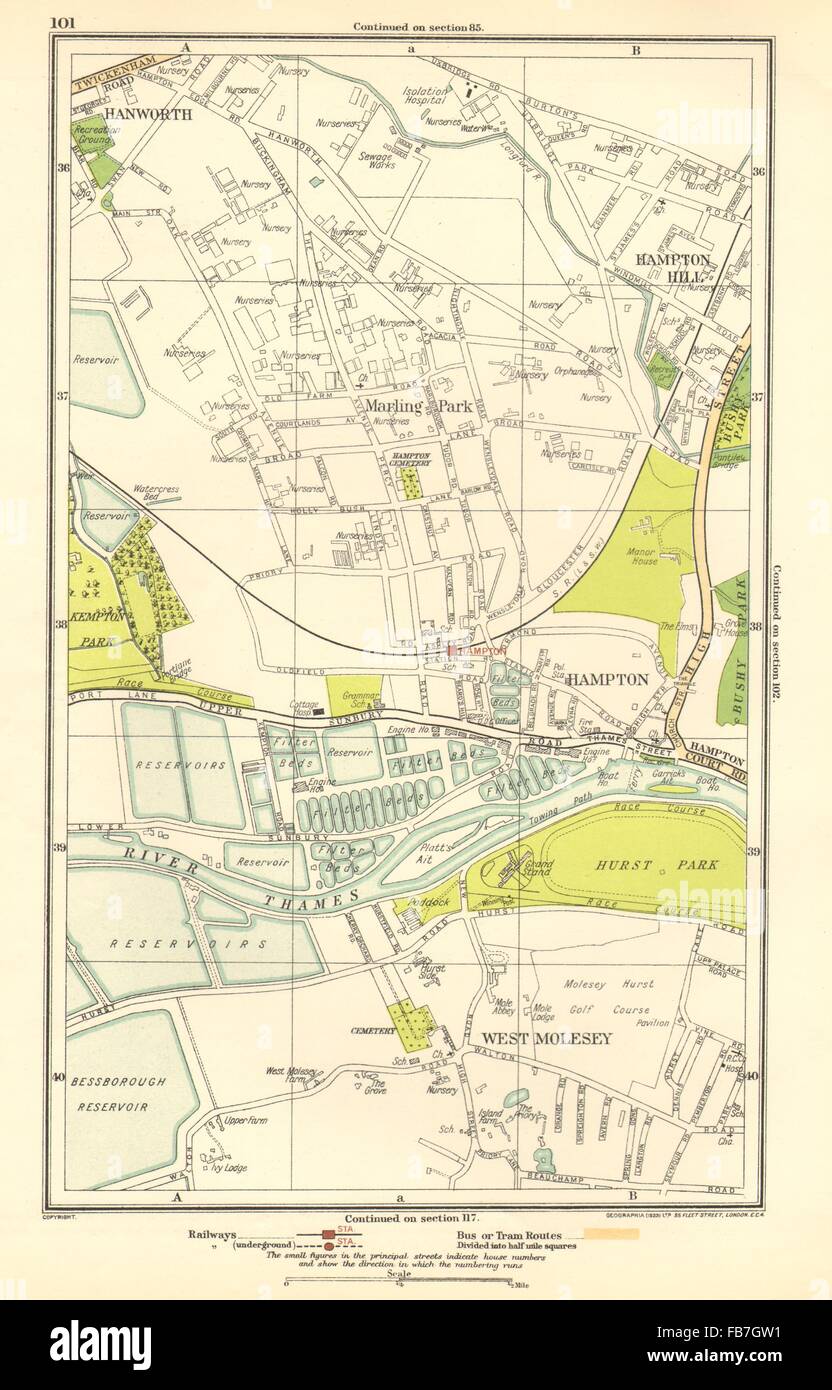 HAMPTON : Hampton Hill, Marling Park,West Molesey,Hanworth,Hurst Park, 1923 map Banque D'Images