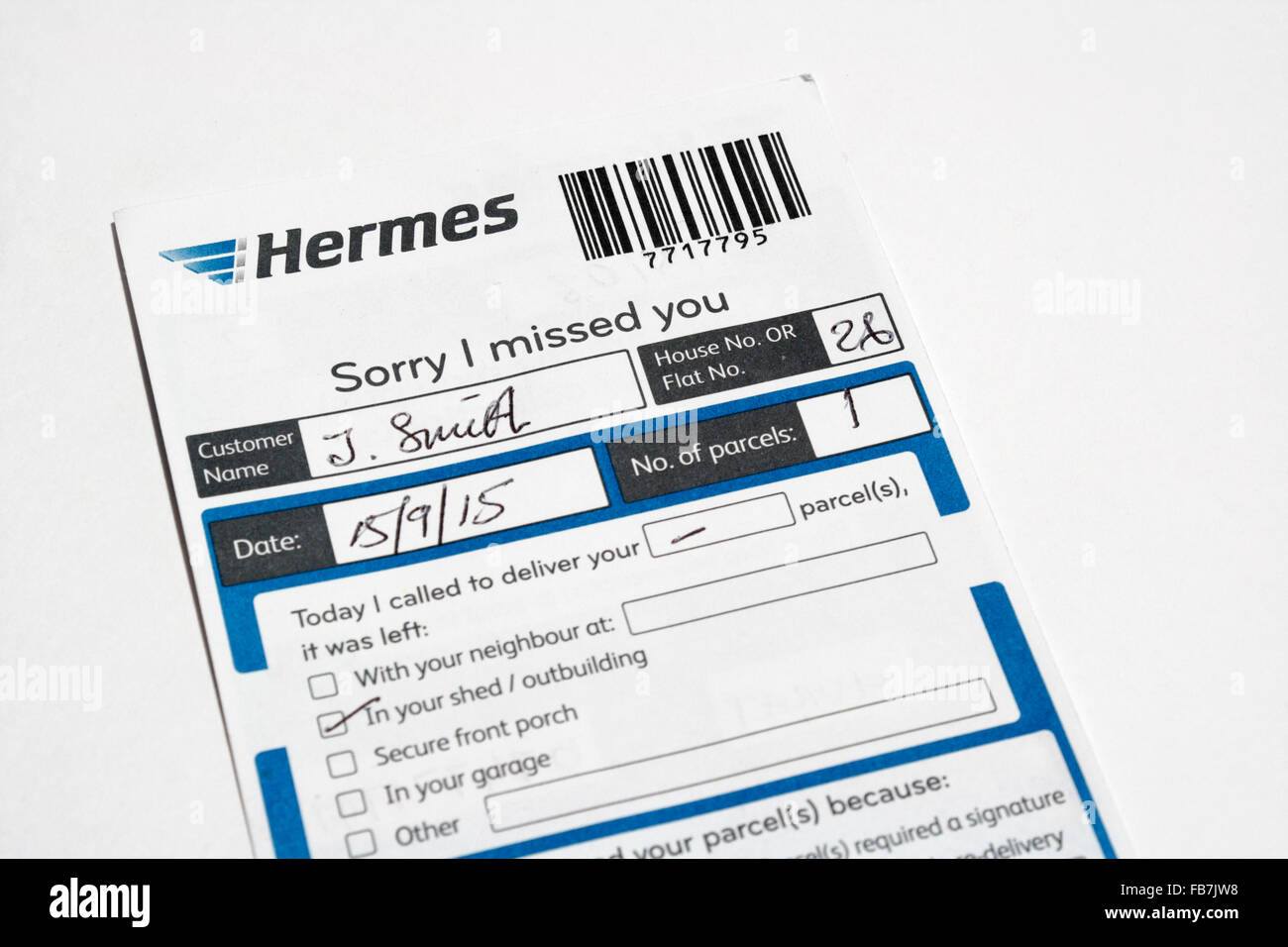 Hermes Service de livraison, n'a pas pu livrer la carte d'avis, désolé je vous ai manqué Banque D'Images
