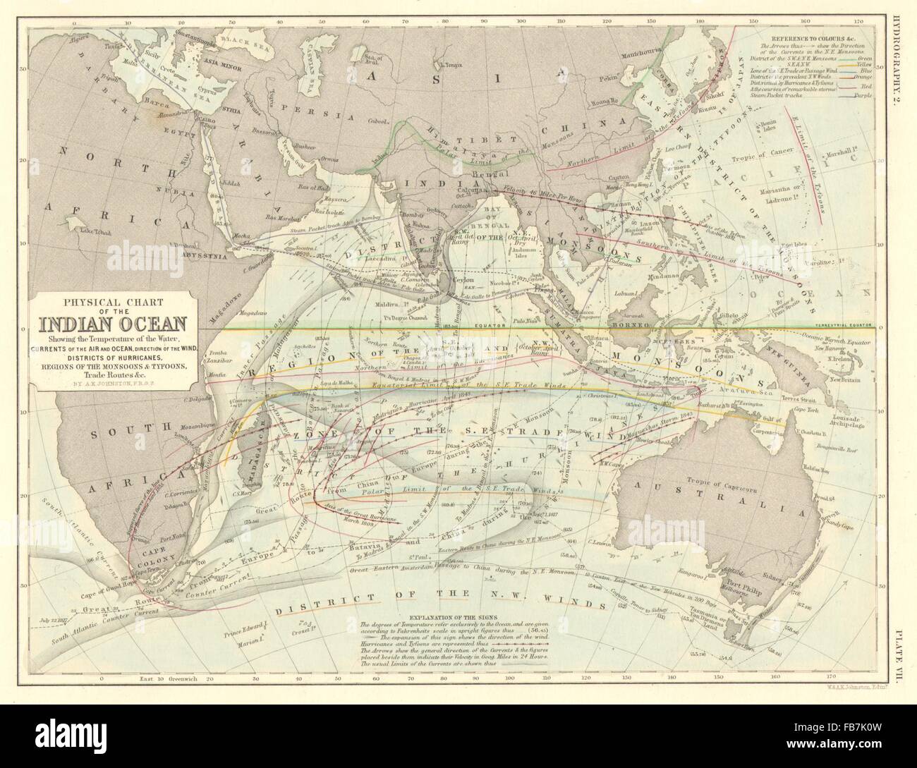 Océan Indien : Physique : les moussons vents courants typhons routes commerciales, 1850 map Banque D'Images
