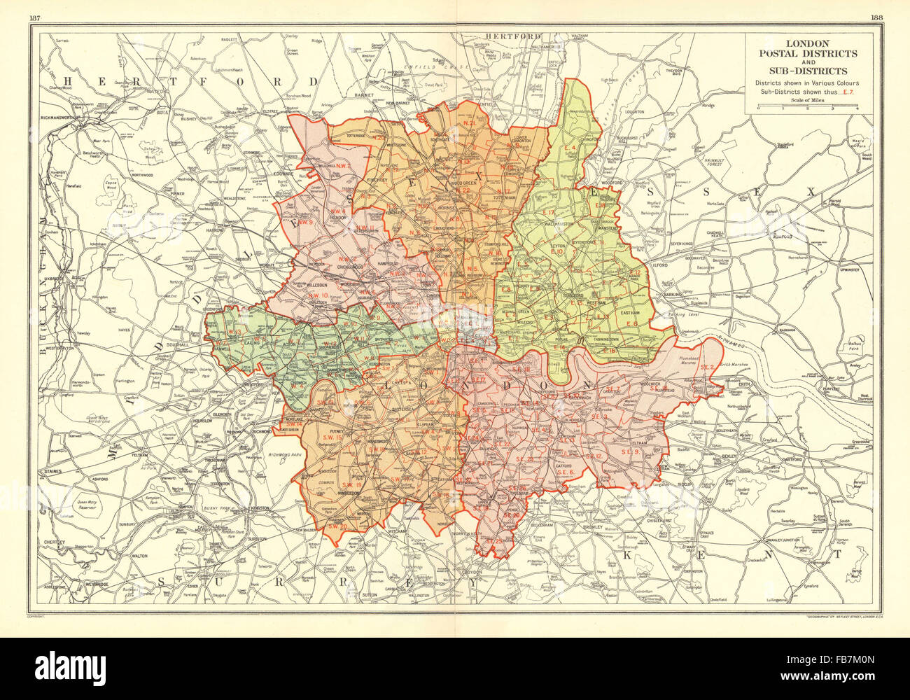 Londres : Les Districts et sous-districts postaux. Codes postaux, 1937 carte vintage Banque D'Images
