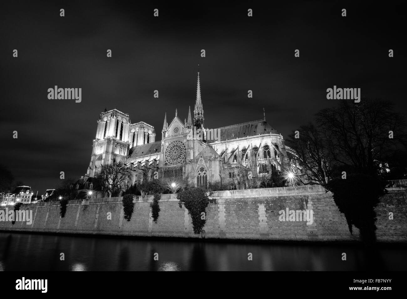 Une belle scène de nuit de Cathédrale Notre Dame le long de la Seine, Paris France. Banque D'Images