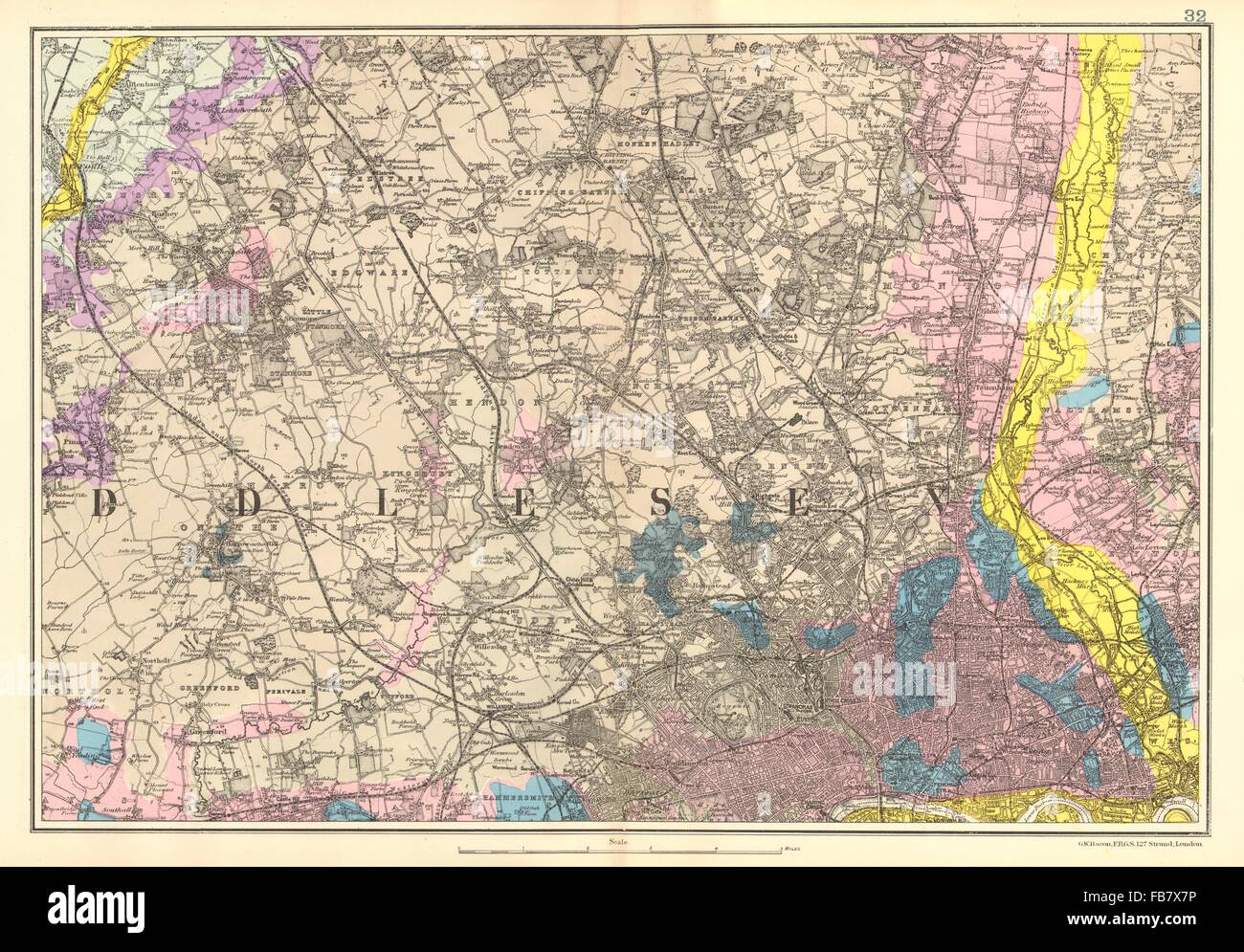 Sw London Westminster : GÉOLOGIQUE Islington Brent Ealing Camden.BACON, 1902 map Banque D'Images