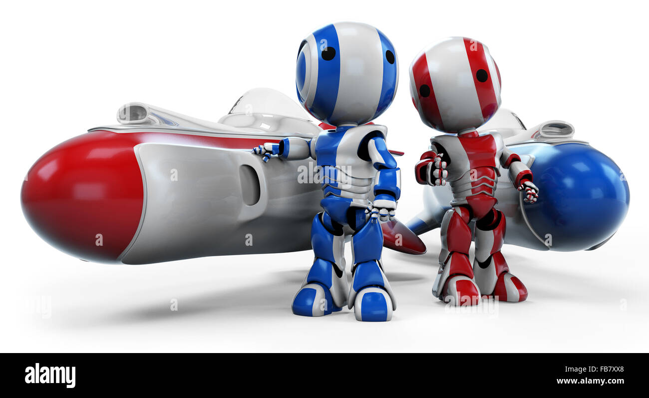 Deux robots, de toute évidence, une équipe de course, debout derrière leurs fusées hover prêt pour l'action. Banque D'Images
