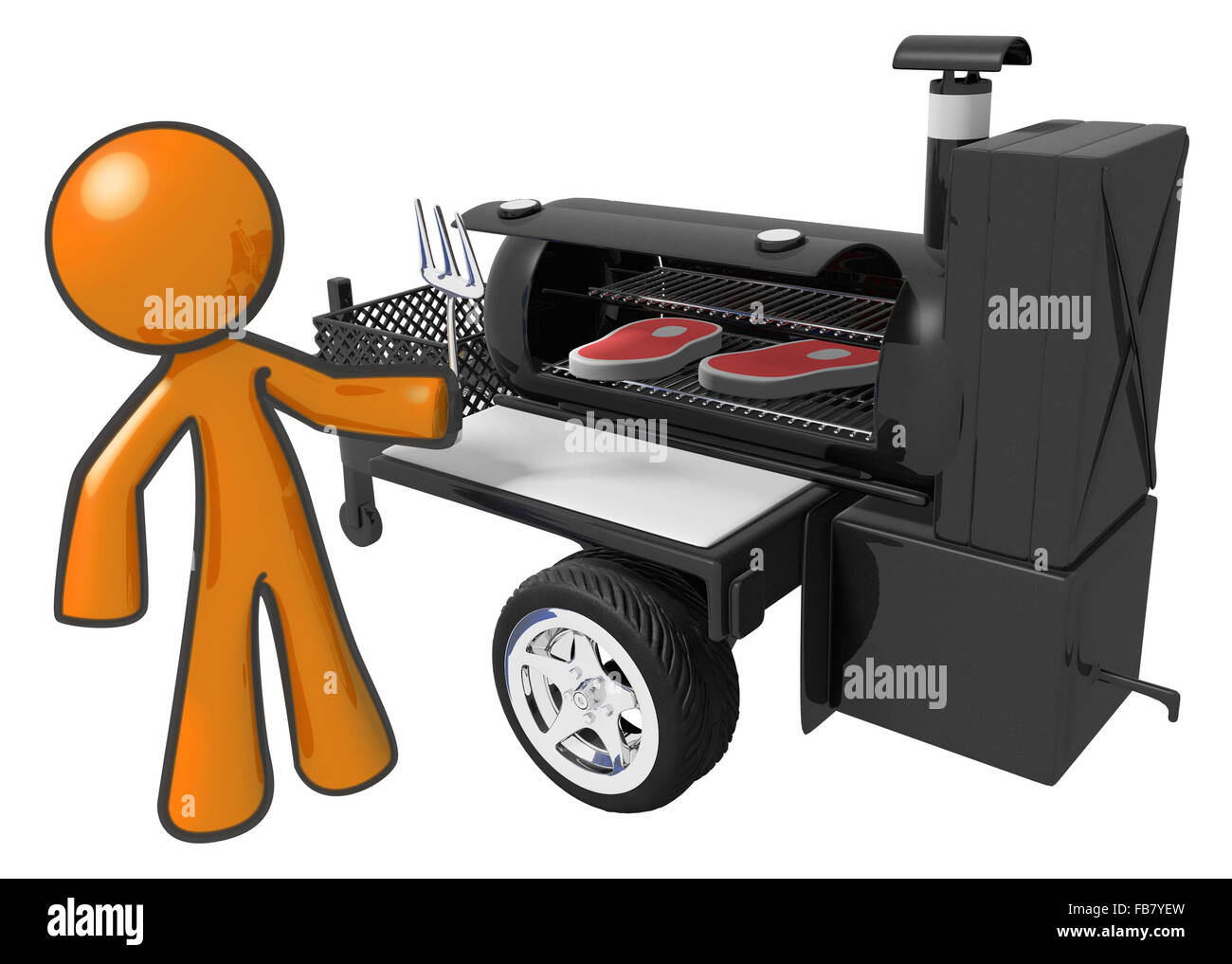 L'homme préparer les darnes sur un grill barbecue mobile machine. Banque D'Images