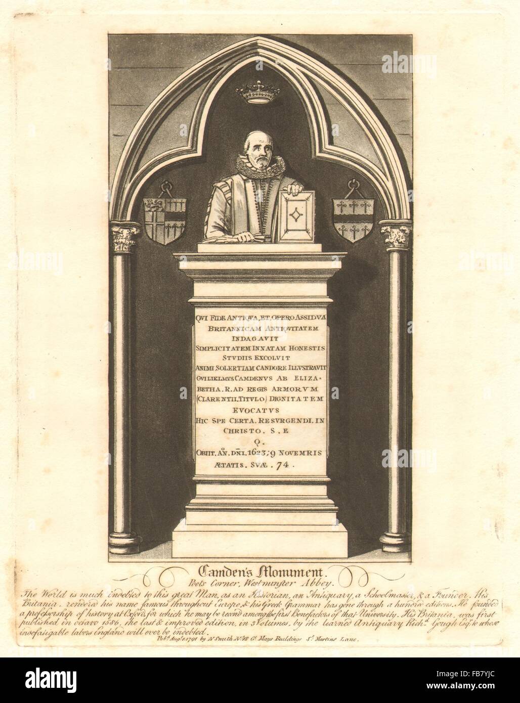 WILLIAM CAMDEN'S MONUMENT : dans Poet's Corner, l'abbaye de Westminster, vieille imprimer 1791 Banque D'Images