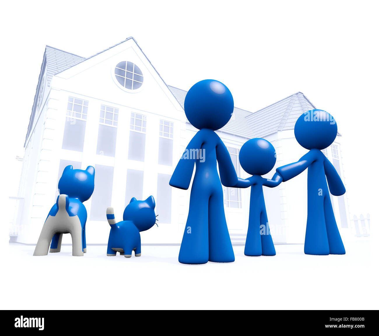 Famille à la maison bleue à, mari, femme, enfant, chien, chat, prêt pour une nouvelle vie. Banque D'Images