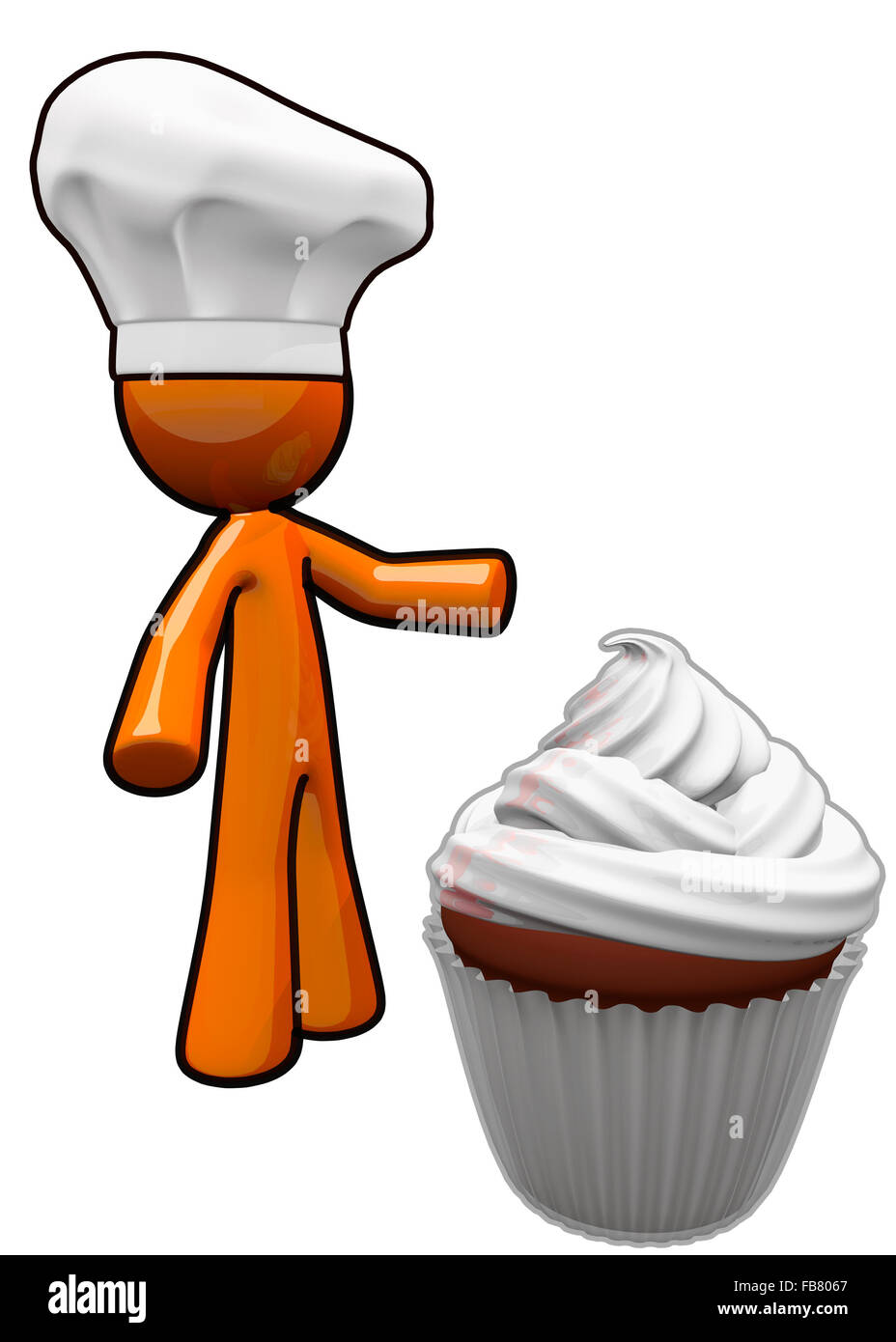 Homme Orang chef presenting un petit gâteau à votre auditoire. Il porte un chapeau de chef. Banque D'Images