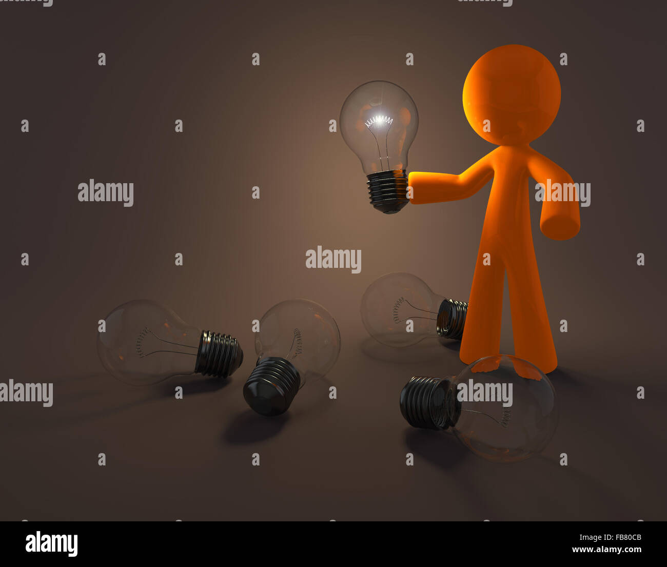 Orange un homme tenant une ampoule qui s'allume sur ses propres idées