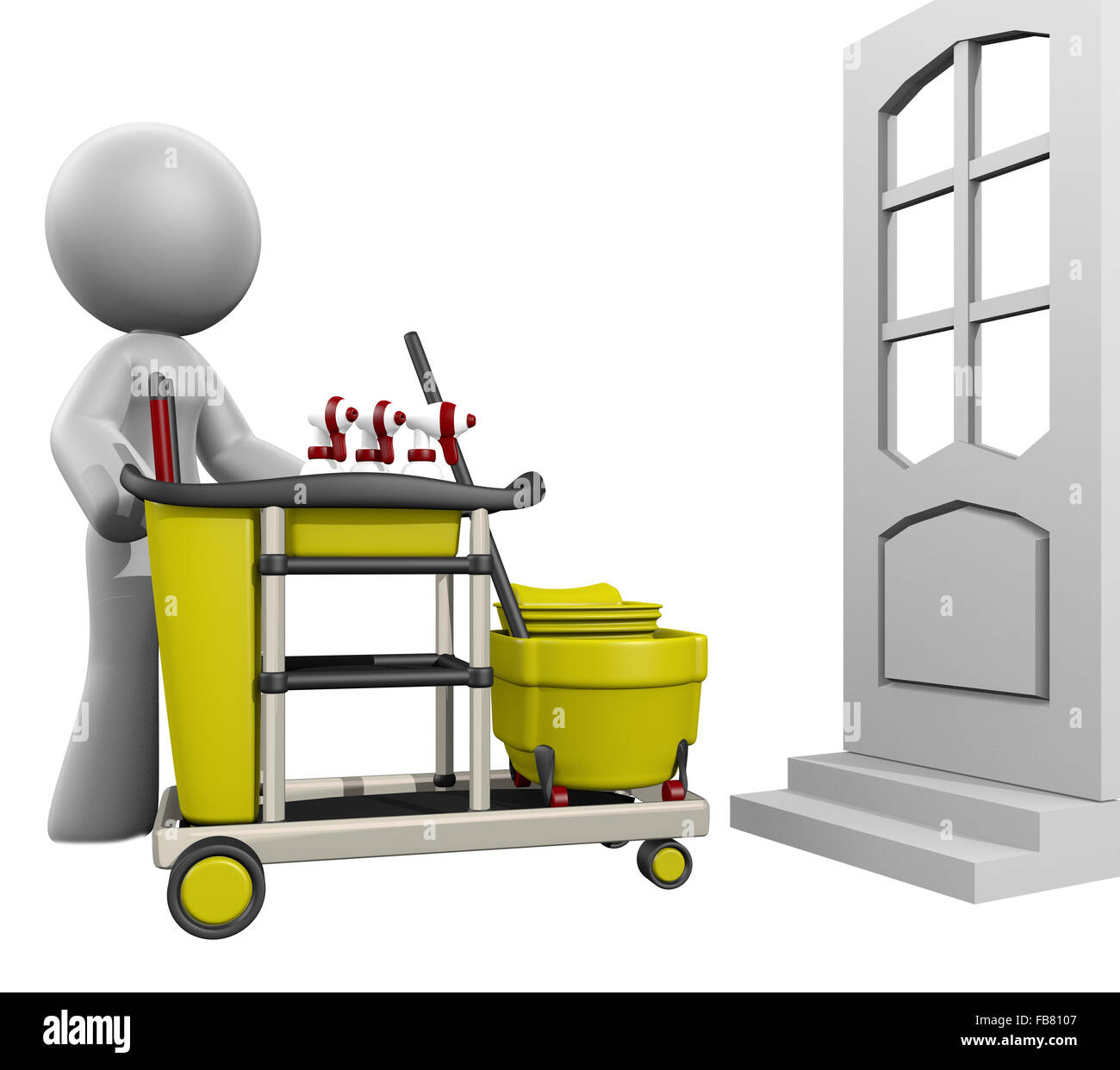 Dame 3d montrant jusqu'à une porte de maison propre. Services de nettoyage de chambre demande concept. Chariot de nettoyage inclus. Banque D'Images