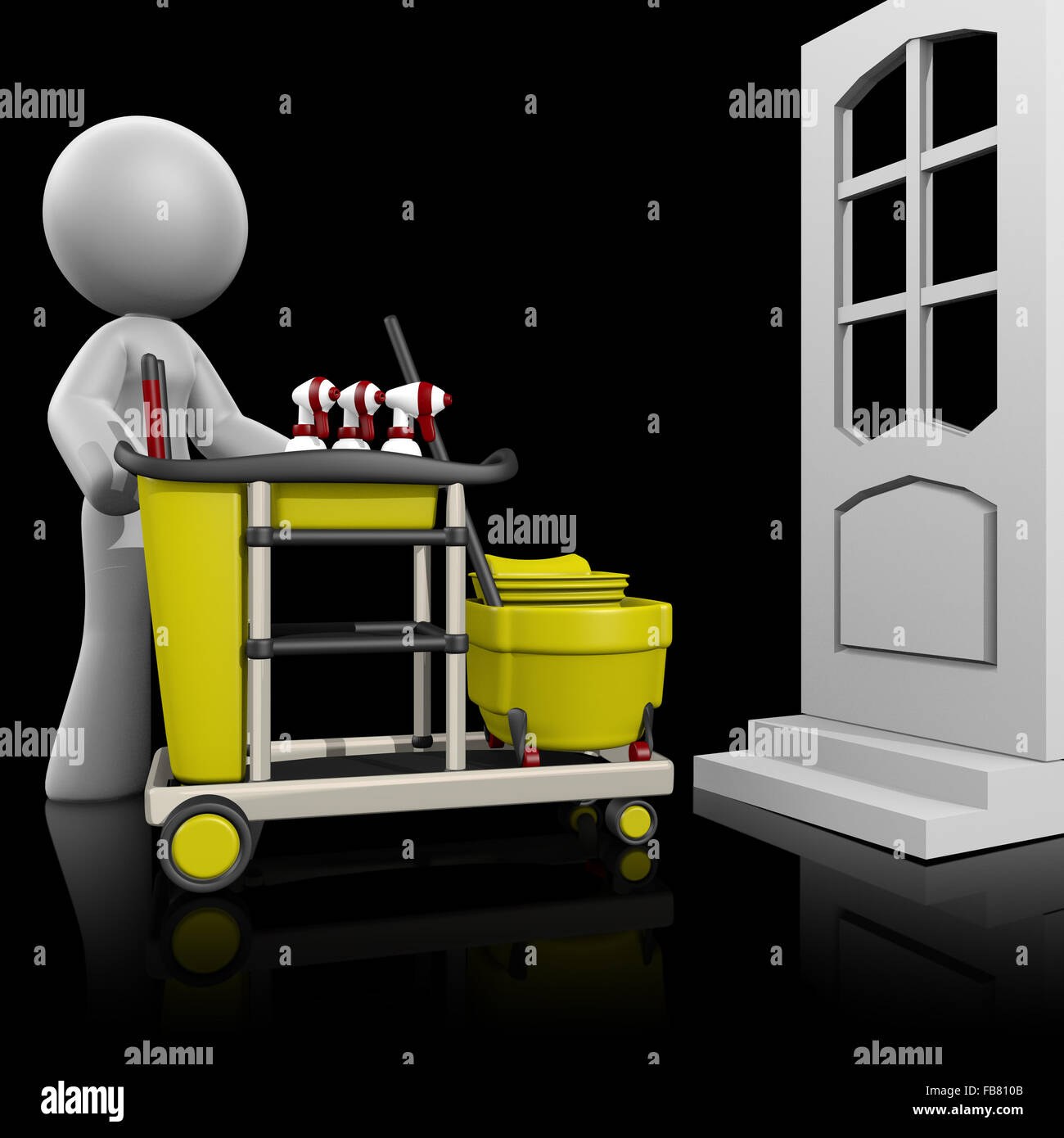 Dame 3d montrant jusqu'à une porte de maison propre. Services de nettoyage de chambre demande concept. Dark fond réfléchissant. Banque D'Images