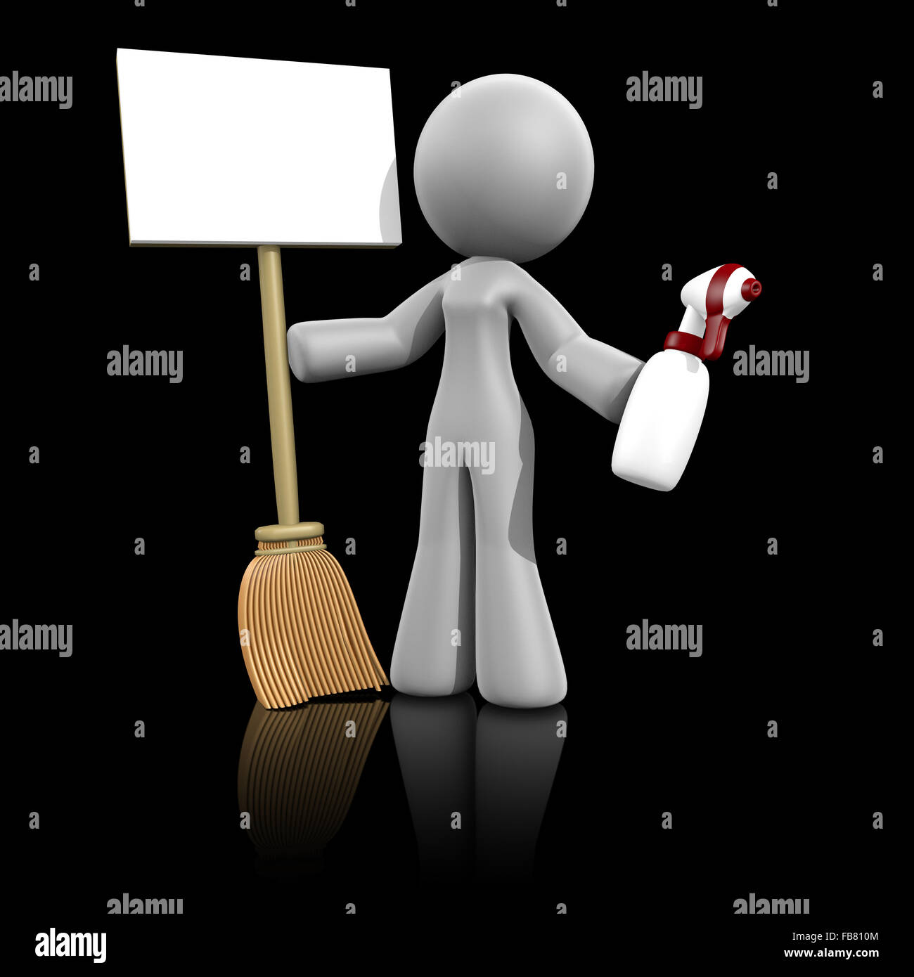 Dame 3d holding sign qui double comme un balai - un concept élégant pour annoncer des services de nettoyage. Dark fond réfléchissant. Banque D'Images