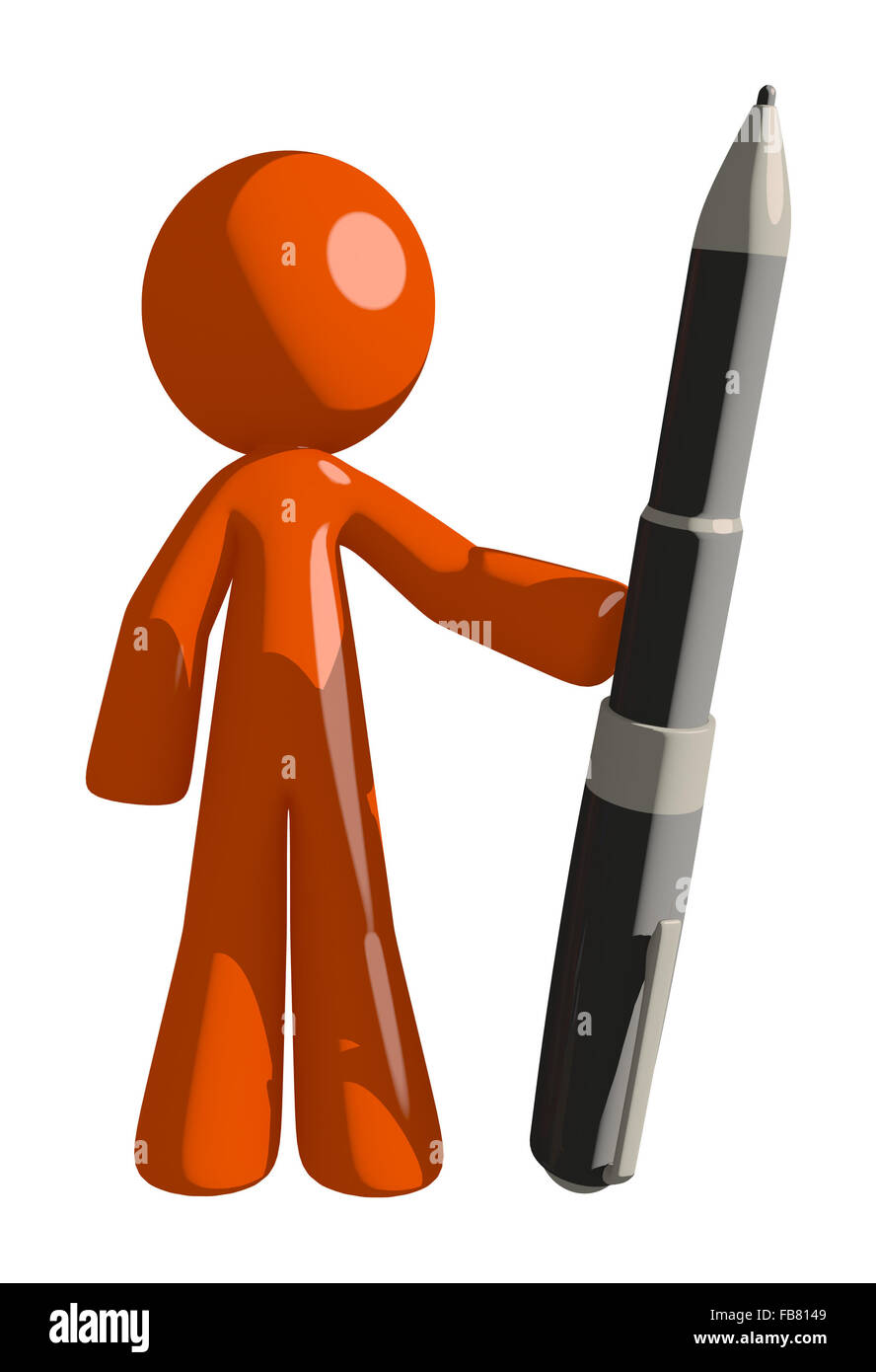Man holding Orange stylo géant. Banque D'Images