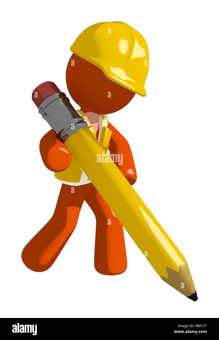 L'homme Orange construction worker écrit avec un crayon géant. Banque D'Images