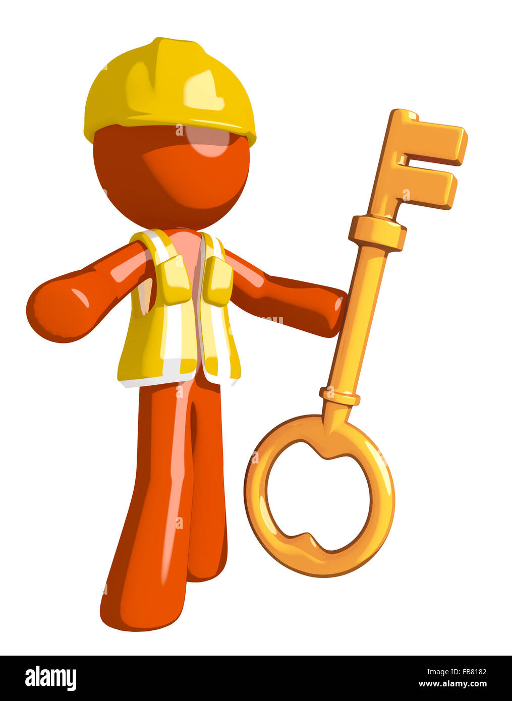 L'homme Orange construction worker holding key. Banque D'Images