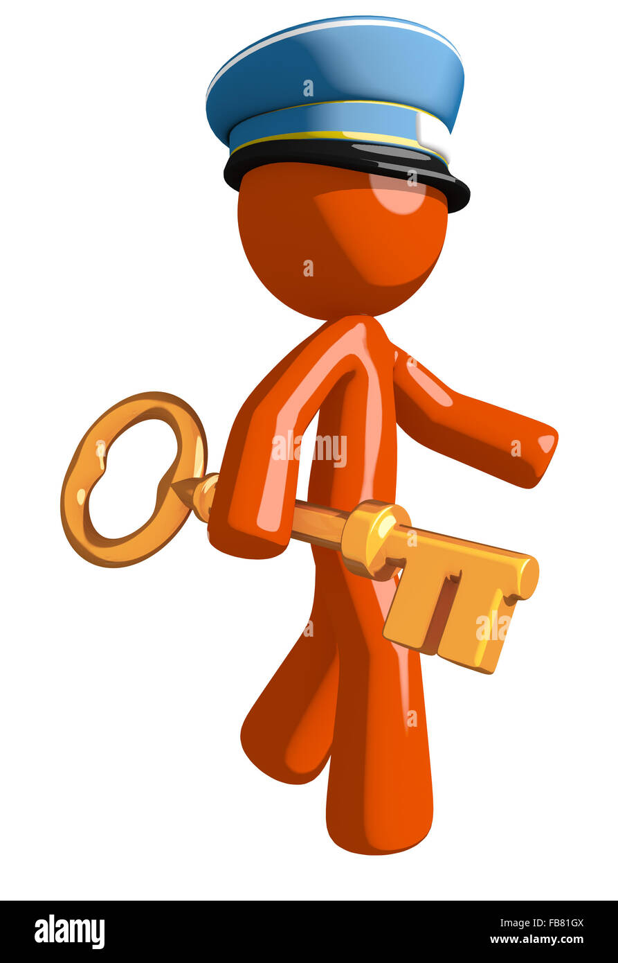 L'homme Orange mail postal worker walking with gold key. Banque D'Images