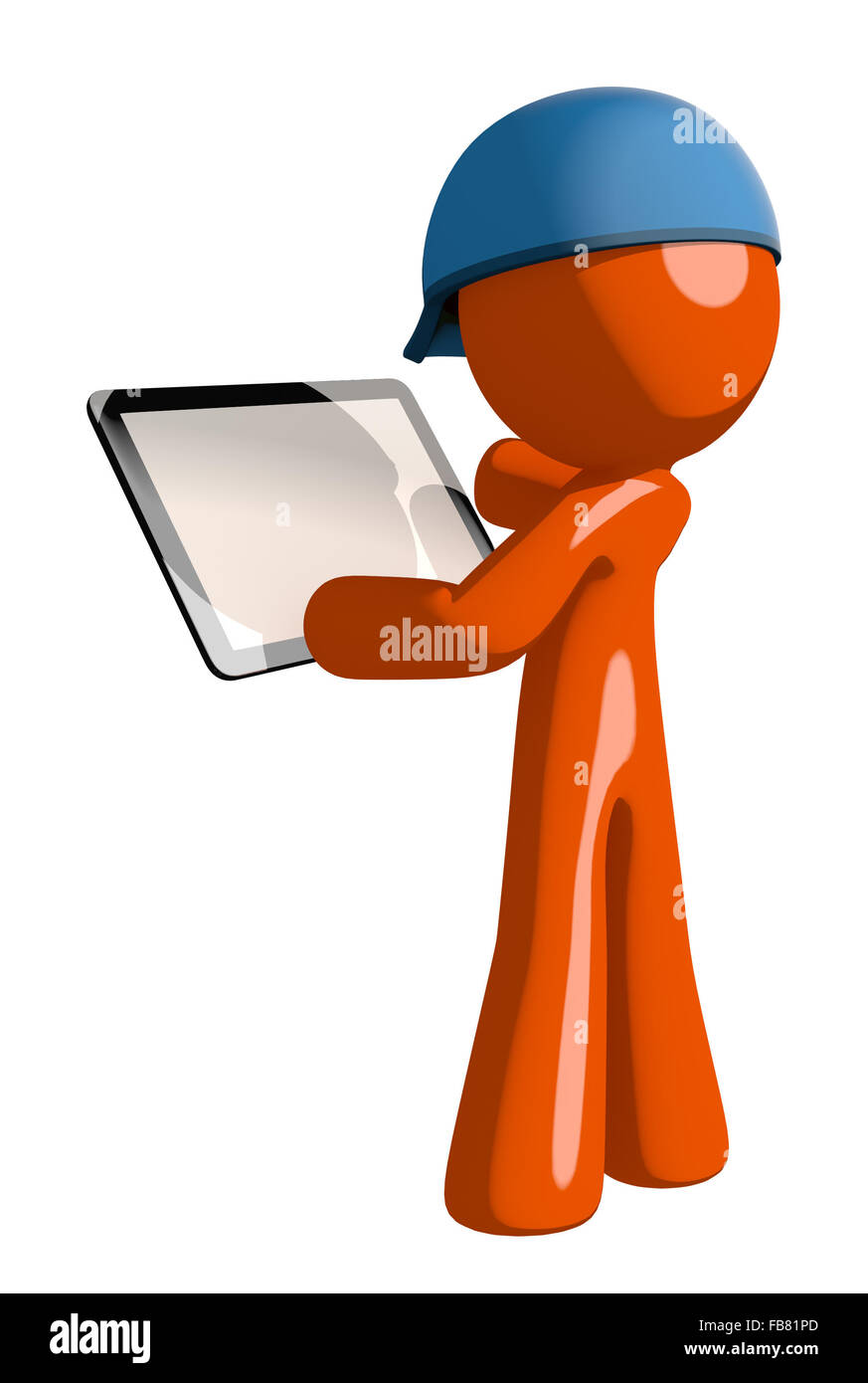 L'homme Orange mail postal worker viewing vue arrière de l'ordinateur tablette espace blanc. Banque D'Images