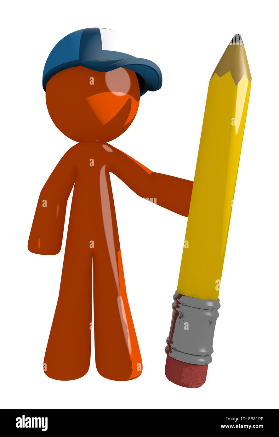 L'homme Orange mail postal worker holding crayon géant. Banque D'Images