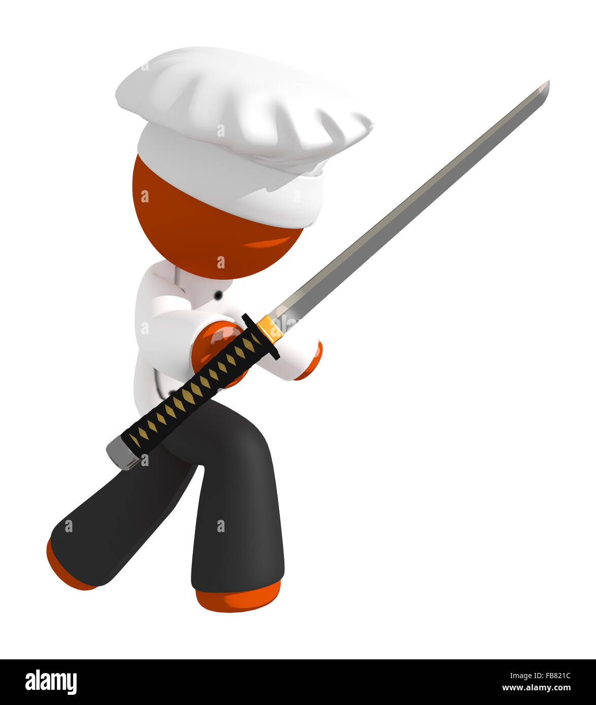 L'homme Orange chef avec ninja sword sur la défense. Banque D'Images