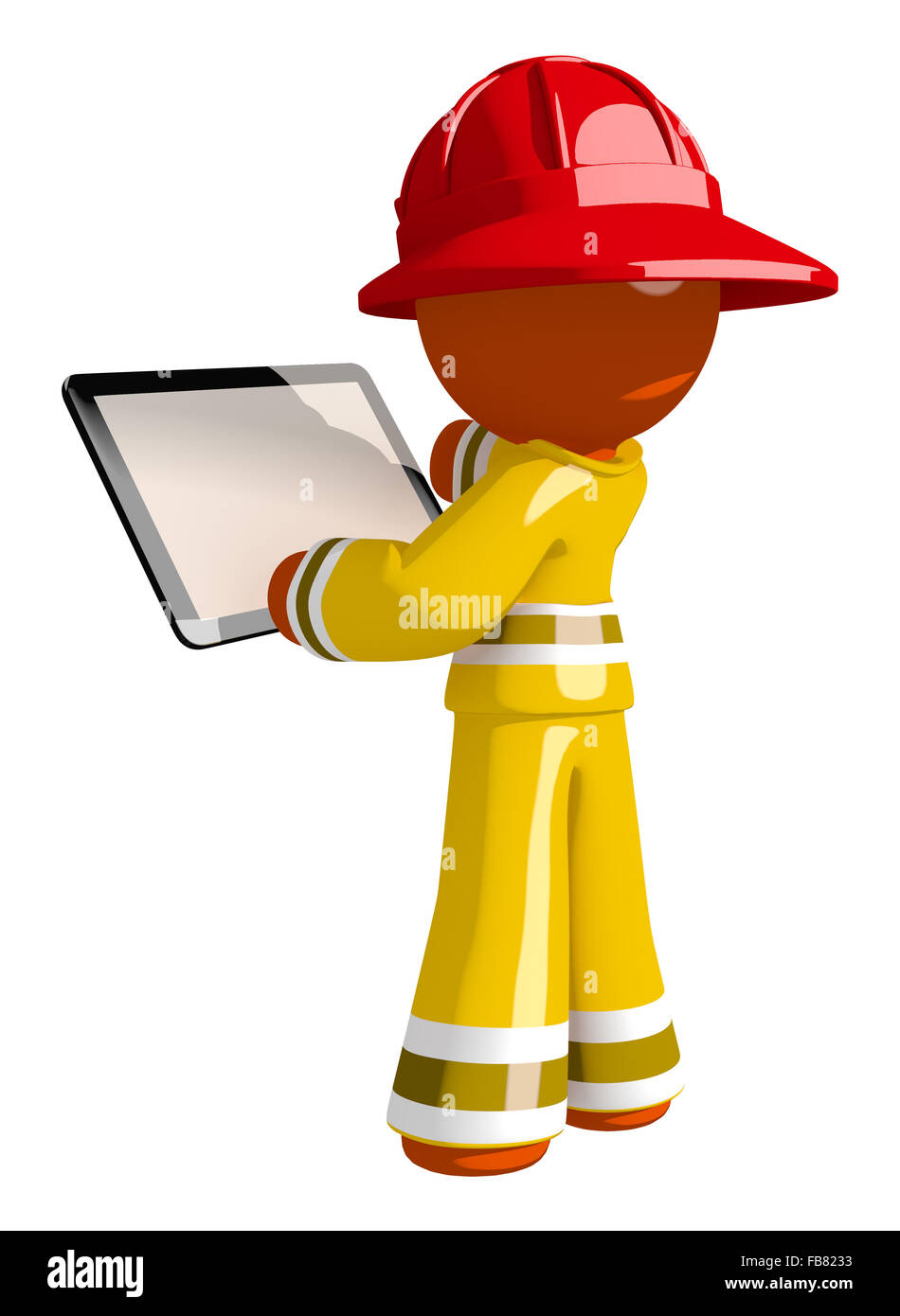 L'homme orange à l'aide des pompiers de comprimé avec de l'espace vide pour la conception. Banque D'Images
