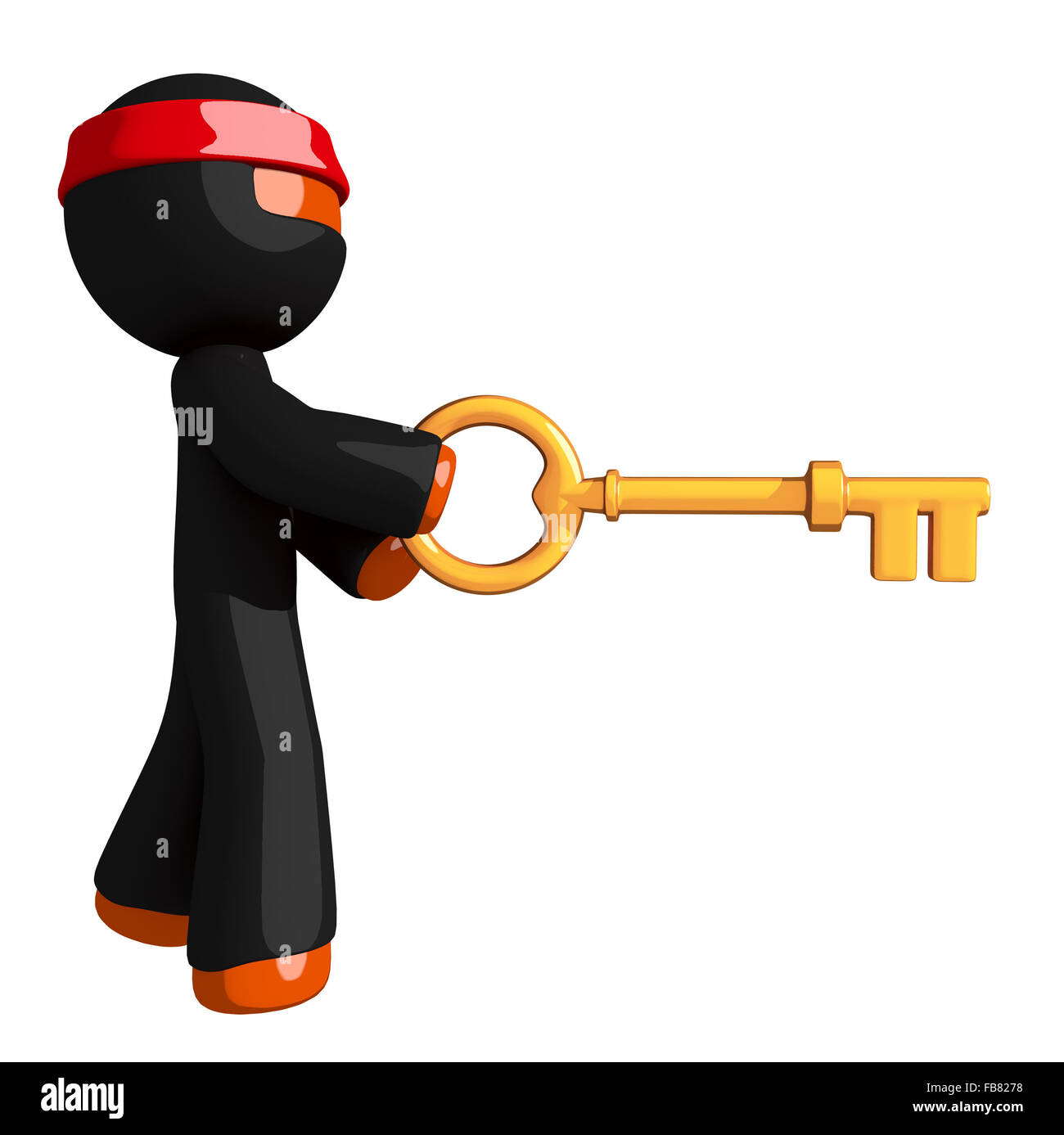 L'homme orange à l'aide d'un grand guerrier ninja gold key. Banque D'Images