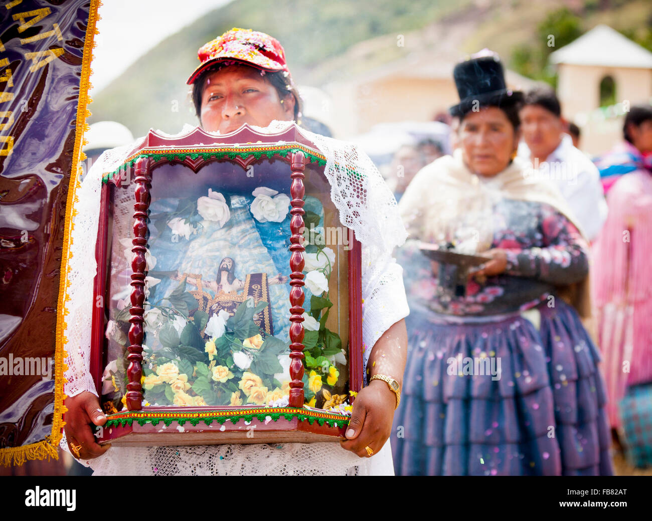 Défilé religieux au cours d'une fiesta de San Pedro, La Paz, Bolivie province. Banque D'Images