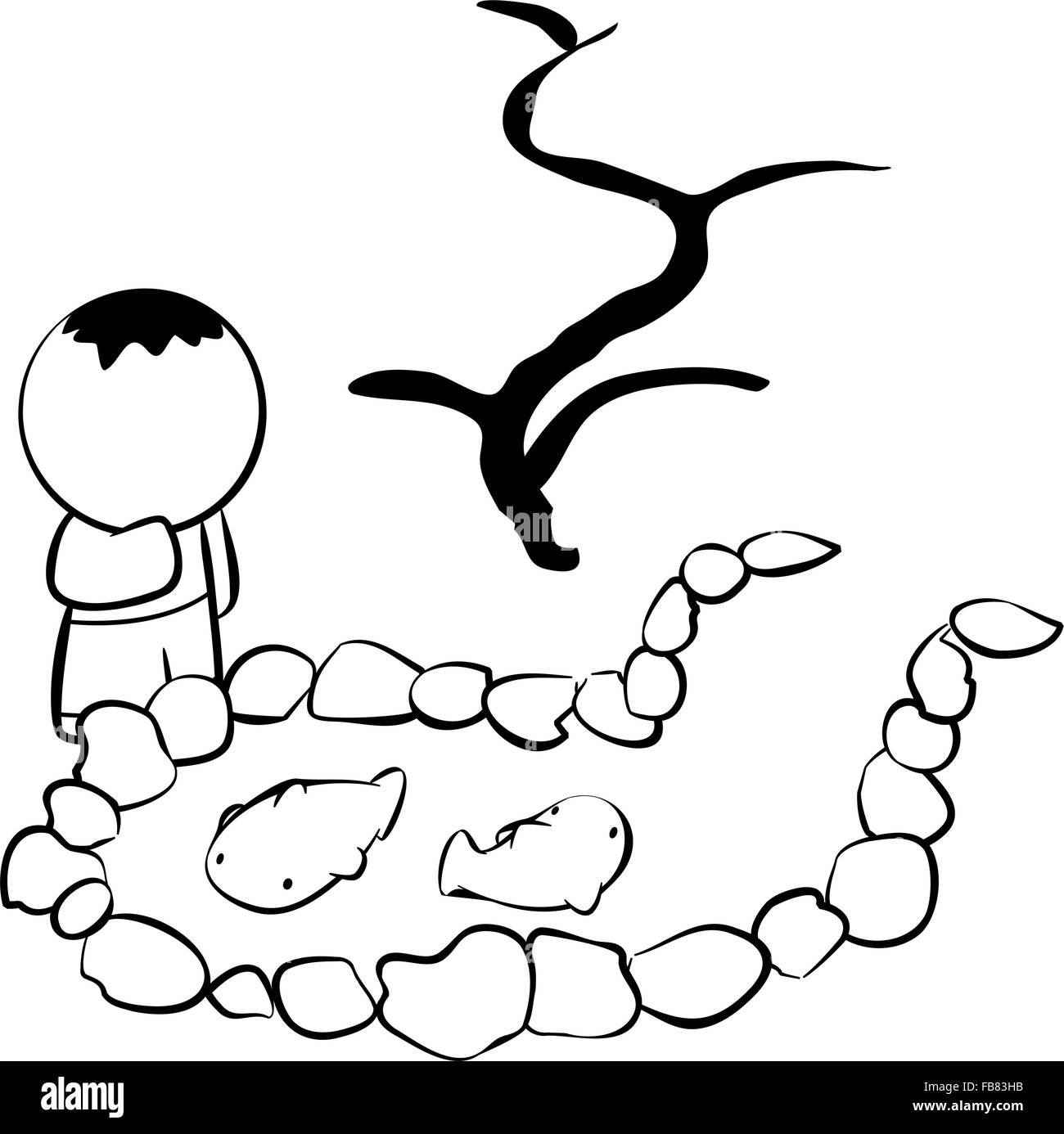 Dessin de petit garçon par l'étang de koi. Illustration de Vecteur