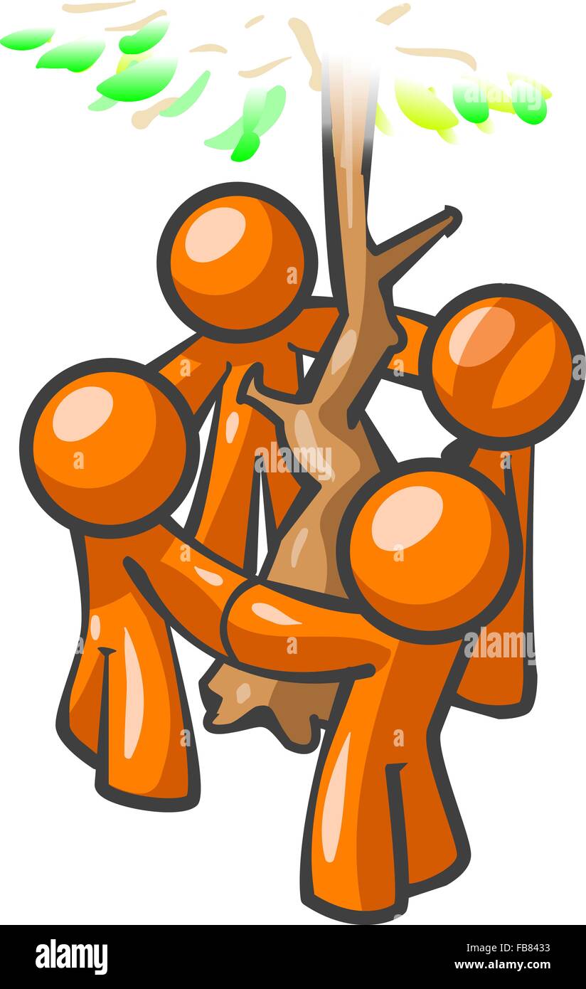 Les hommes d'Orange autour d'un arbre, se tenir la main, un symbole de la conservation de l'environnement. Illustration de Vecteur