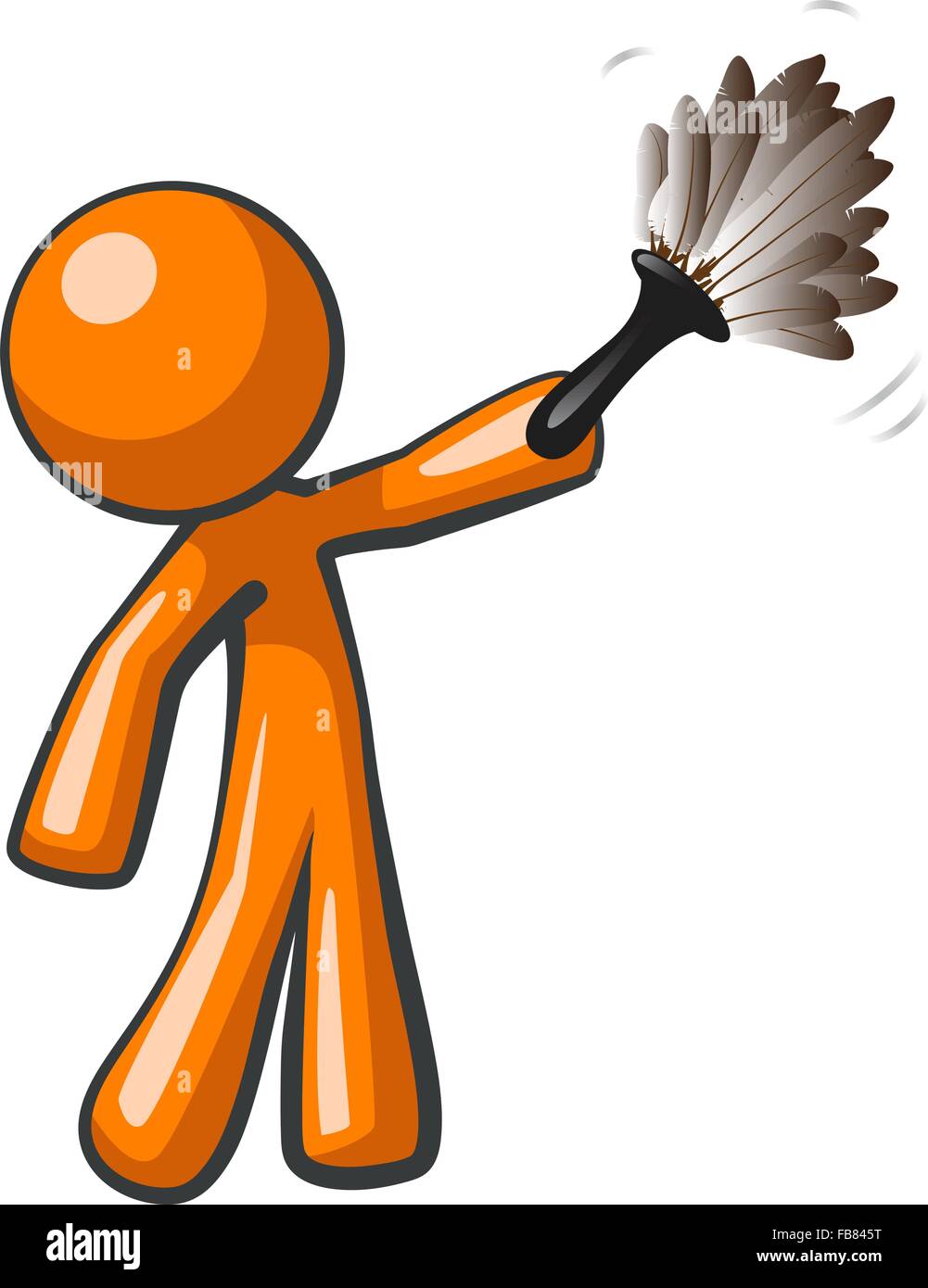 Orange homme tenant un plumeau, travaillant à l'entretien à la maison. Illustration de Vecteur